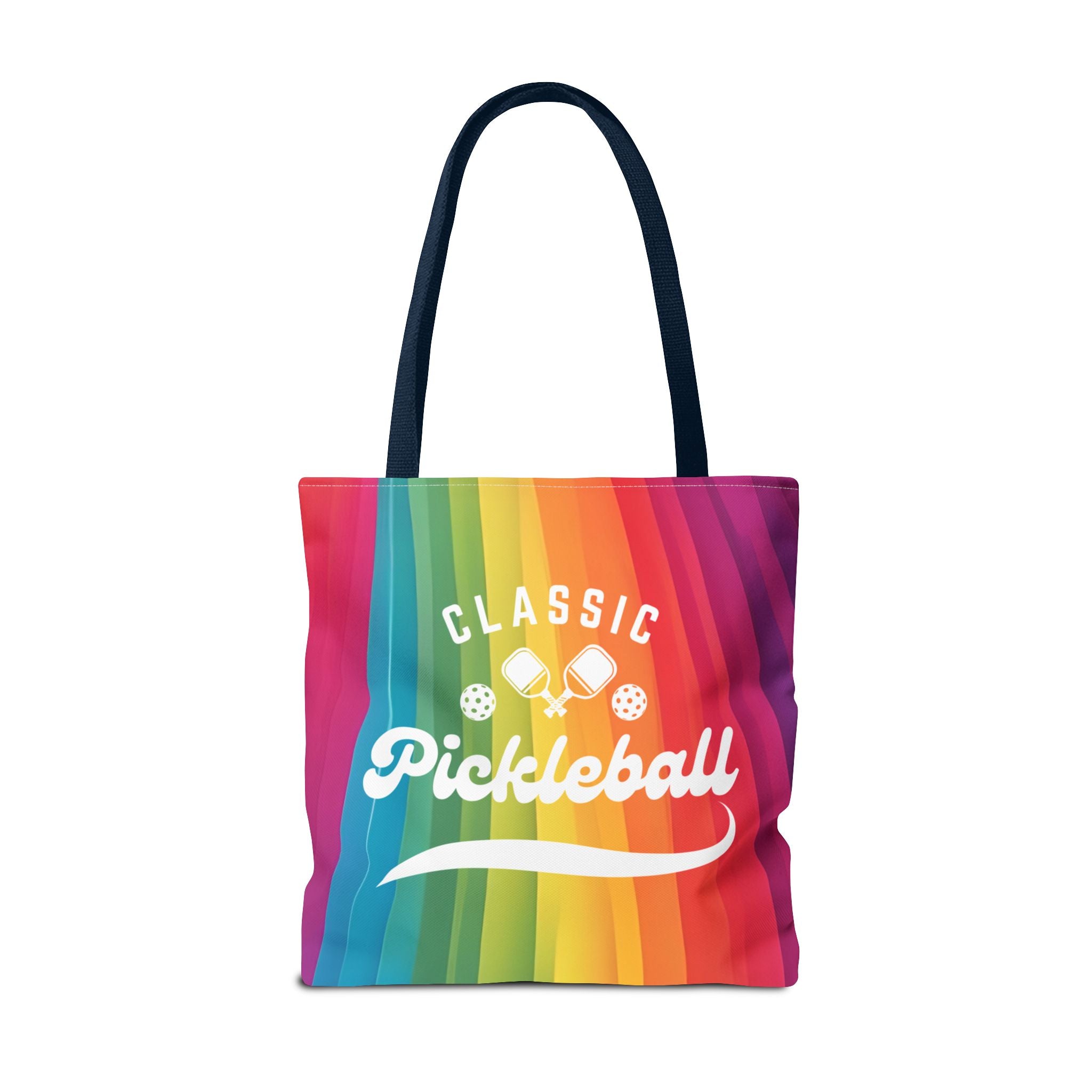 Colorful rainbow tote bag with crossed pickleball paddles and script design, made by Printify for pickleball enthusiasts.