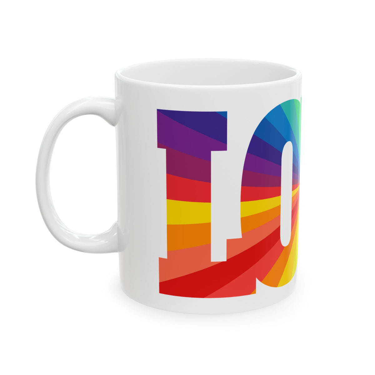 LOVE Rainbow Pride Ceramic Mug - Colorful LGBTQ+ Coffee Cup - Product Photo - PeaMacTees