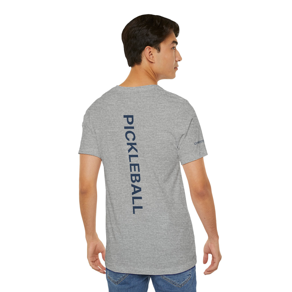 Personalized pickleball T-shirt by Printify with custom name on sleeve, club logo and pickleball graphic on the back.