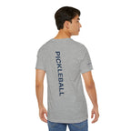 Personalized pickleball T-shirt by Printify with custom name on sleeve, club logo and pickleball graphic on the back.