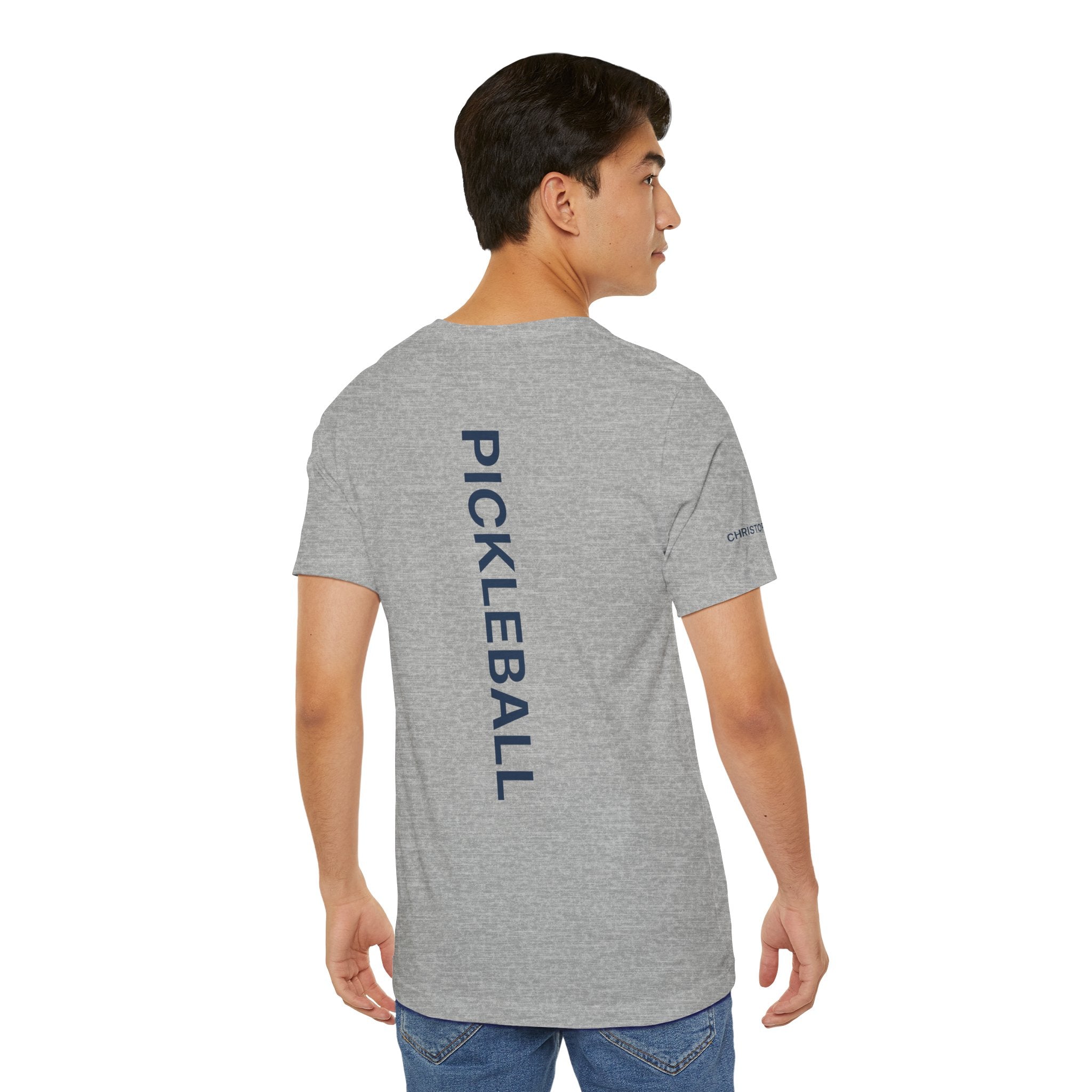 Personalized pickleball T-shirt by Printify with custom name on sleeve, club logo and pickleball graphic on the back.