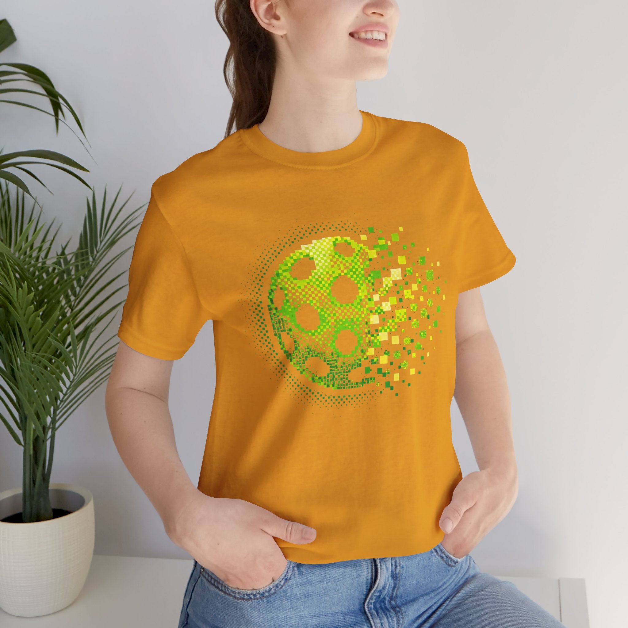 Green Pixelated Pickleball Tee with retro court graphic, classic T-shirt style by Printify, showcasing a vibrant pickleball design.