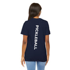 Women's retro-inspired pickleball T-shirt with vertical "PICKLEBALL" back print, casual athletic wear by Printify.