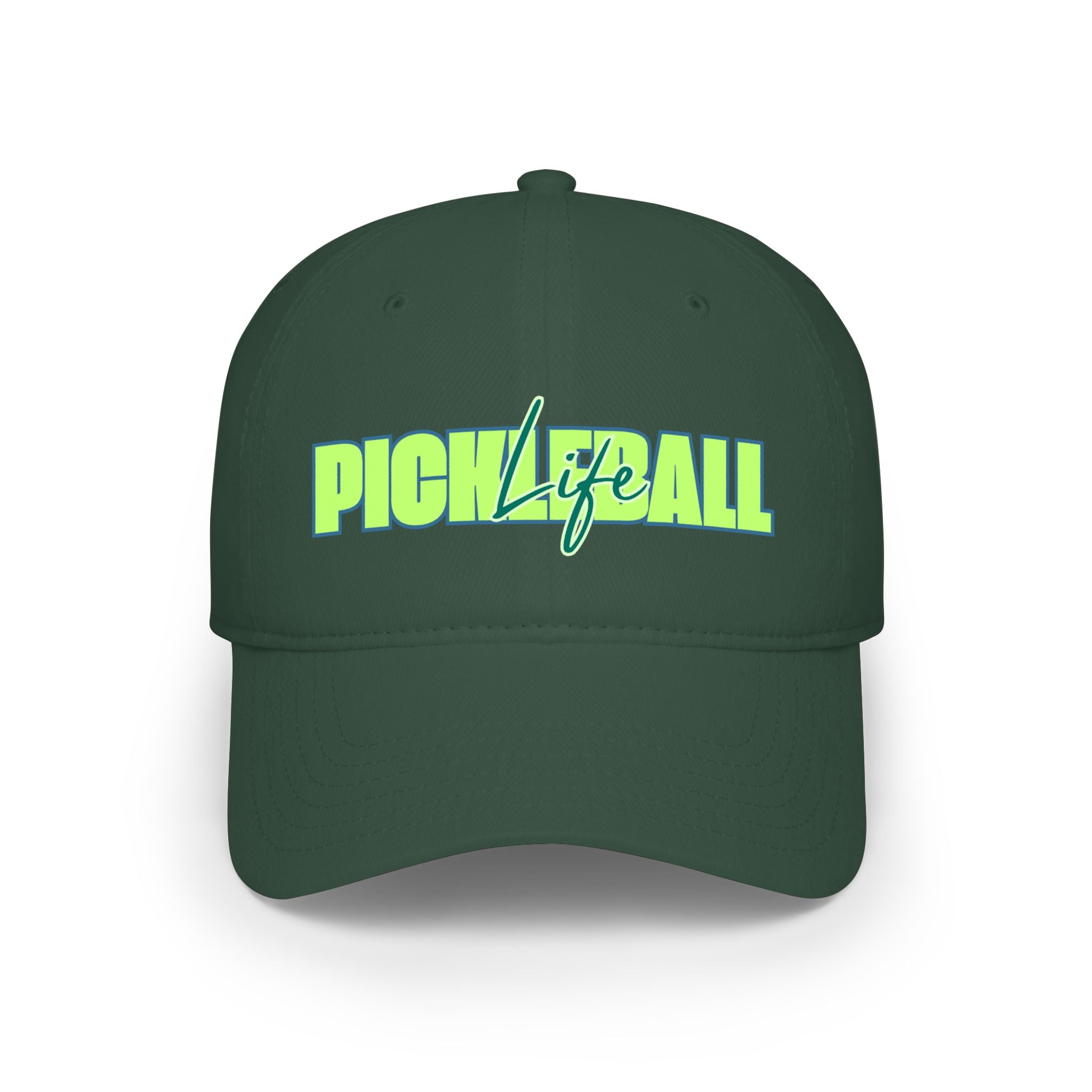 Green and blue script pickleball life low-profile baseball cap by Printify with bold design and adjustable strap.