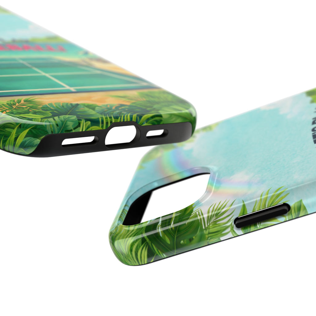 Tropical-themed Let's Play Pickleball tough phone case by Printify with beach court design, protective for smartphone.