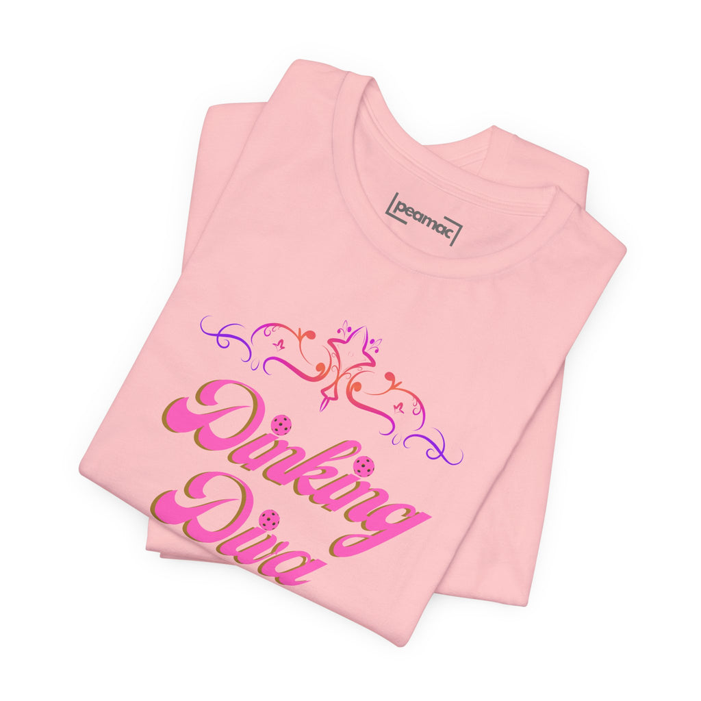 Pink Dinking Diva pickleball T-shirt with filigree design, athletic fit, casual style, by Printify.