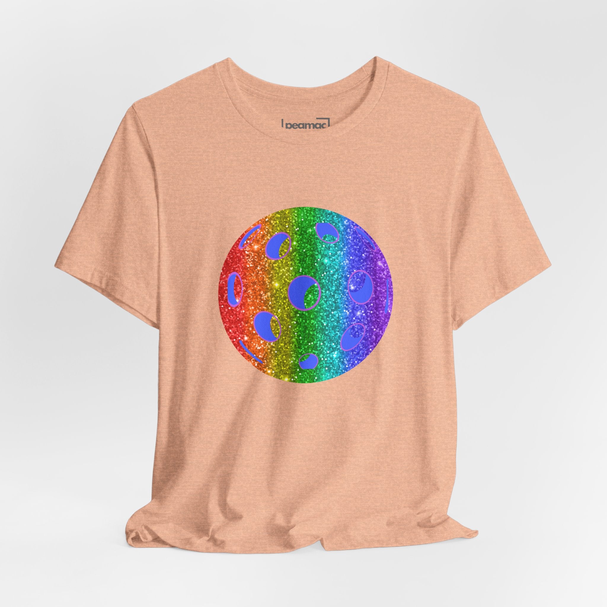 Rainbow glitter pickleball pride T-shirt featuring colorful print design, celebrating LGBTQ+ pride and pickleball sport.