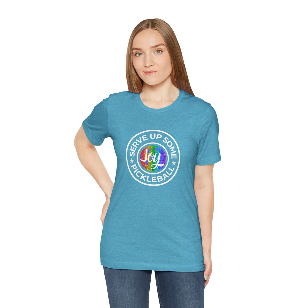 LGBTQ2 Pride T-Shirt featuring a colorful pickleball design, made by Printify, with vibrant rainbow colors and playful text.