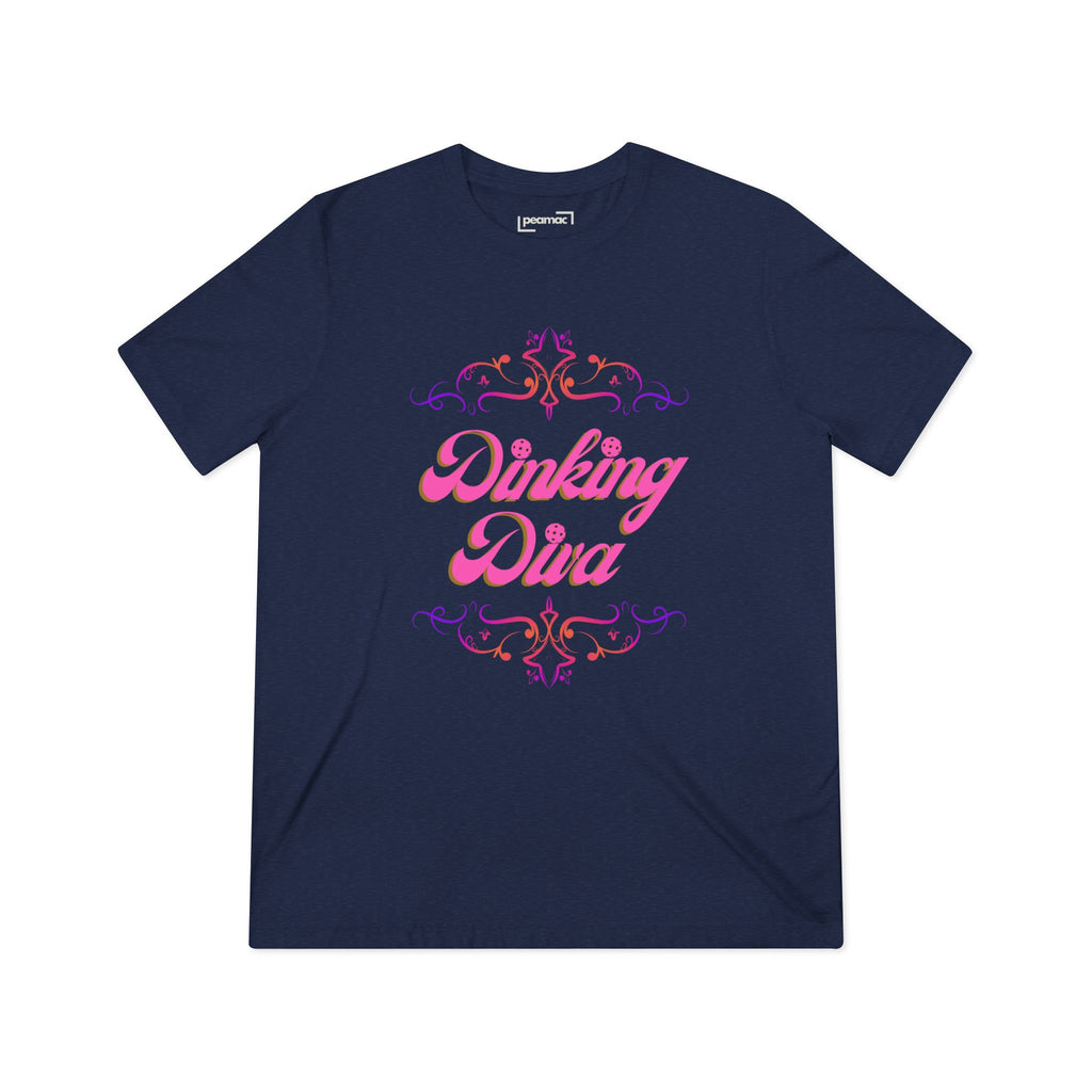 Pink Dinking Diva pickleball T-shirt by PeaMac Pickleball Tees featuring a stylish filigree design, athletic fit, and comfortable fabric.