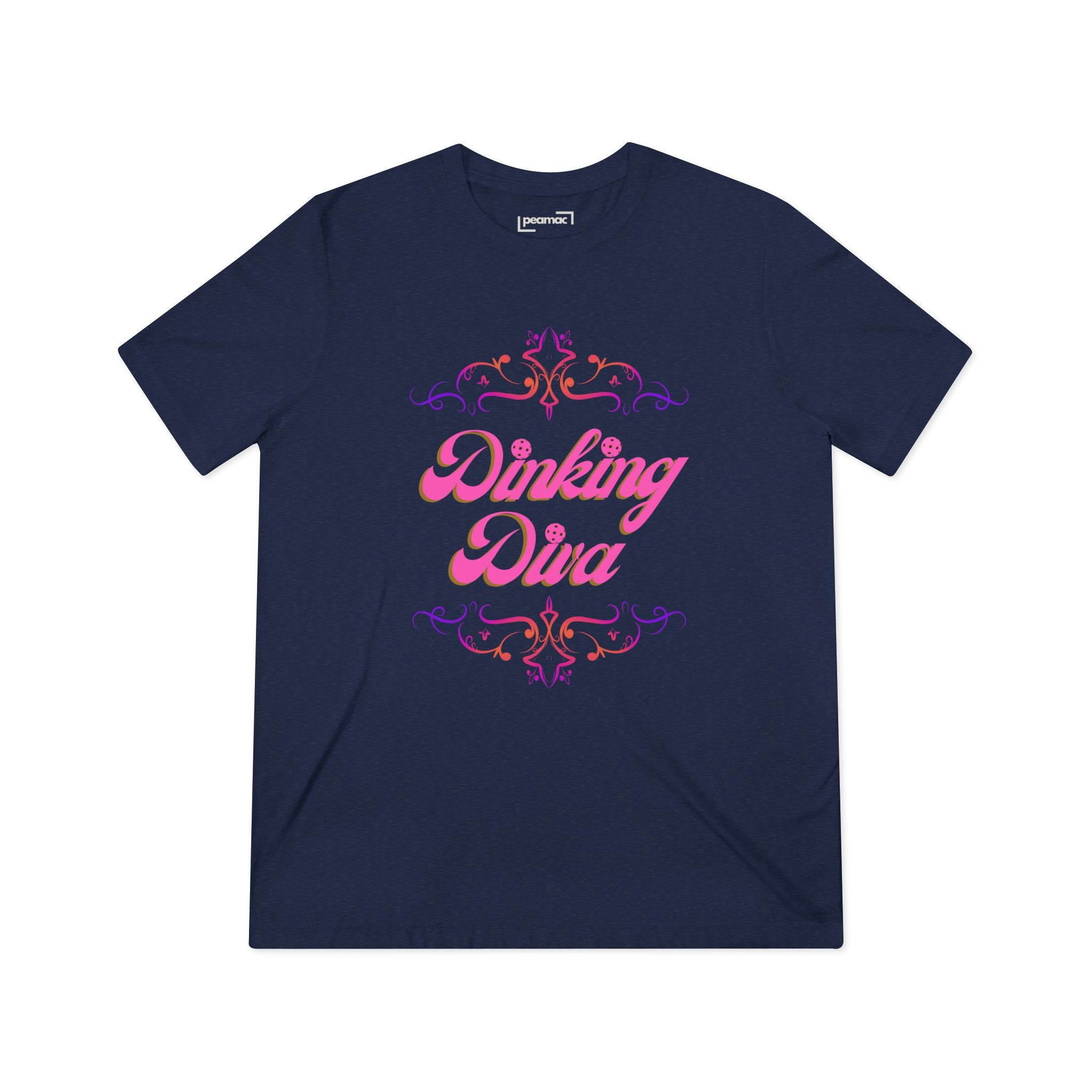 Pink Dinking Diva pickleball T-shirt by PeaMac Pickleball Tees featuring a stylish filigree design, athletic fit, and comfortable fabric.
