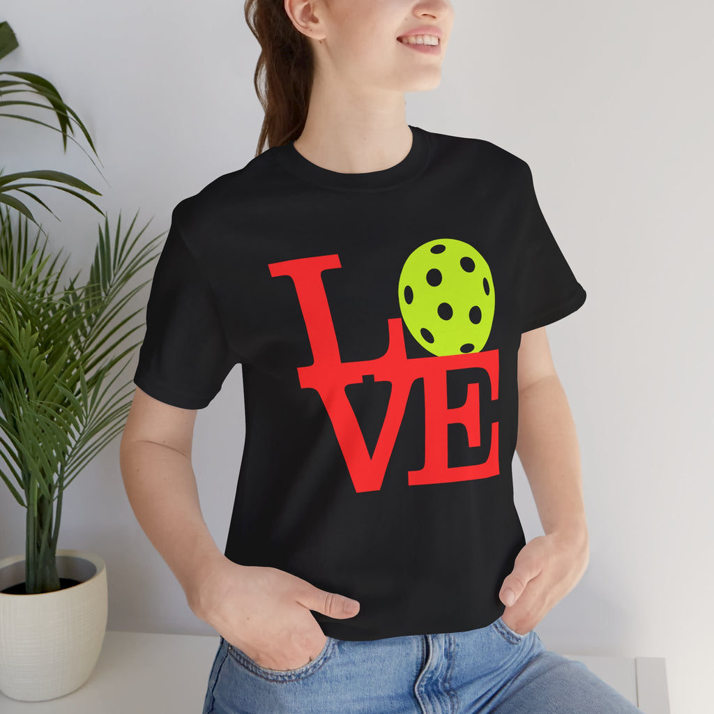 Love Pickleball neon pop art T-shirt by Printify featuring colorful pickleball-themed design on a premium cotton tee.
