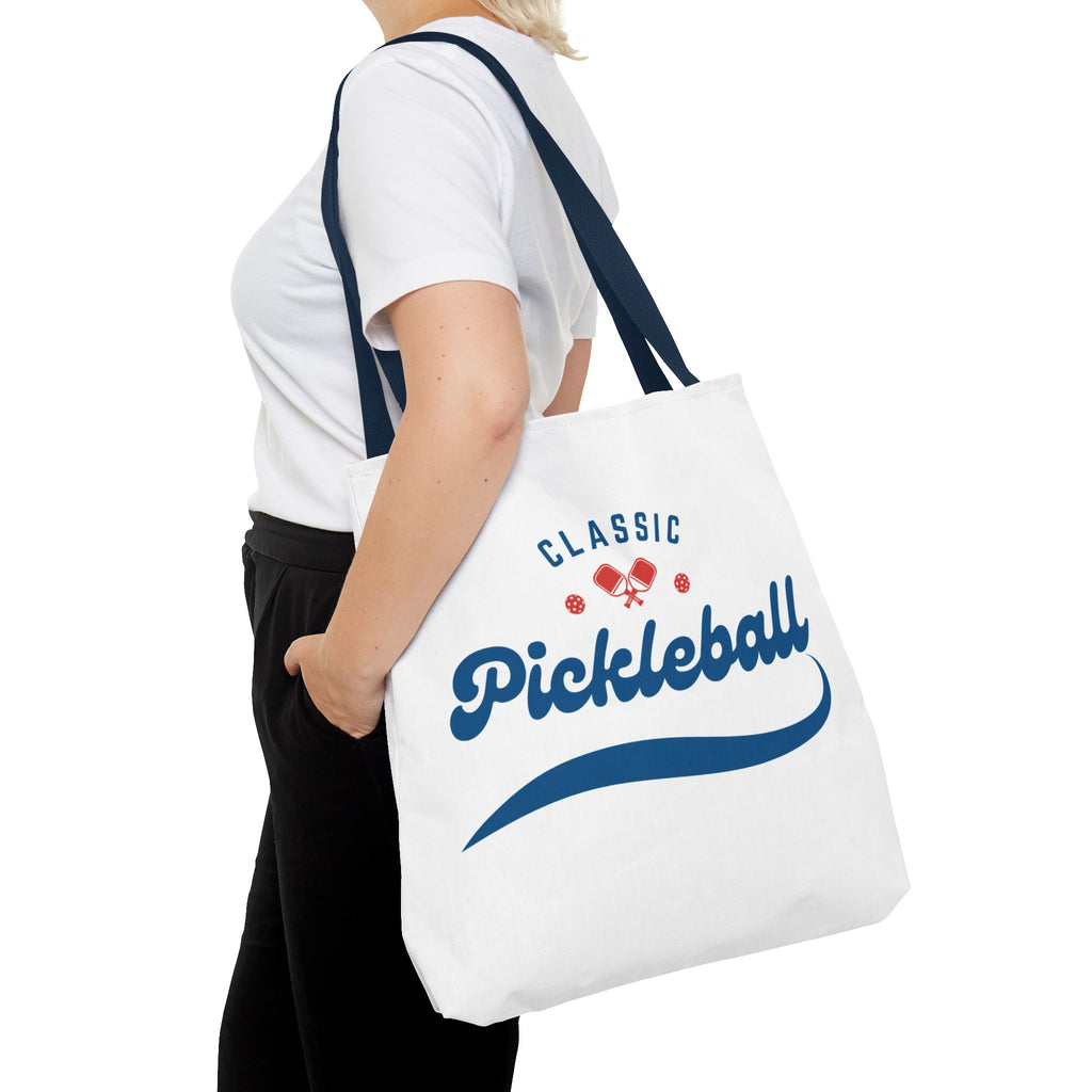 Large Printify pickleball tote bag in red and blue with spacious interior, rugged shoulder strap, and gear storage capacity.