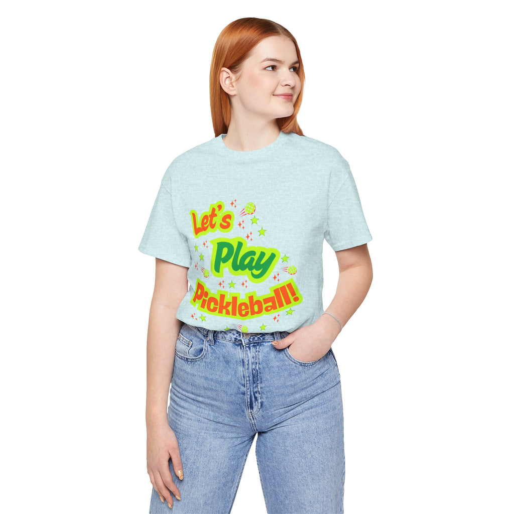 Neon orange and electric green pickleball rally tee with court graphic, casual printify T-shirt for active wear.