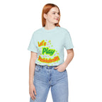 Neon orange and electric green pickleball rally tee with court graphic, casual T-shirt by Printify.
