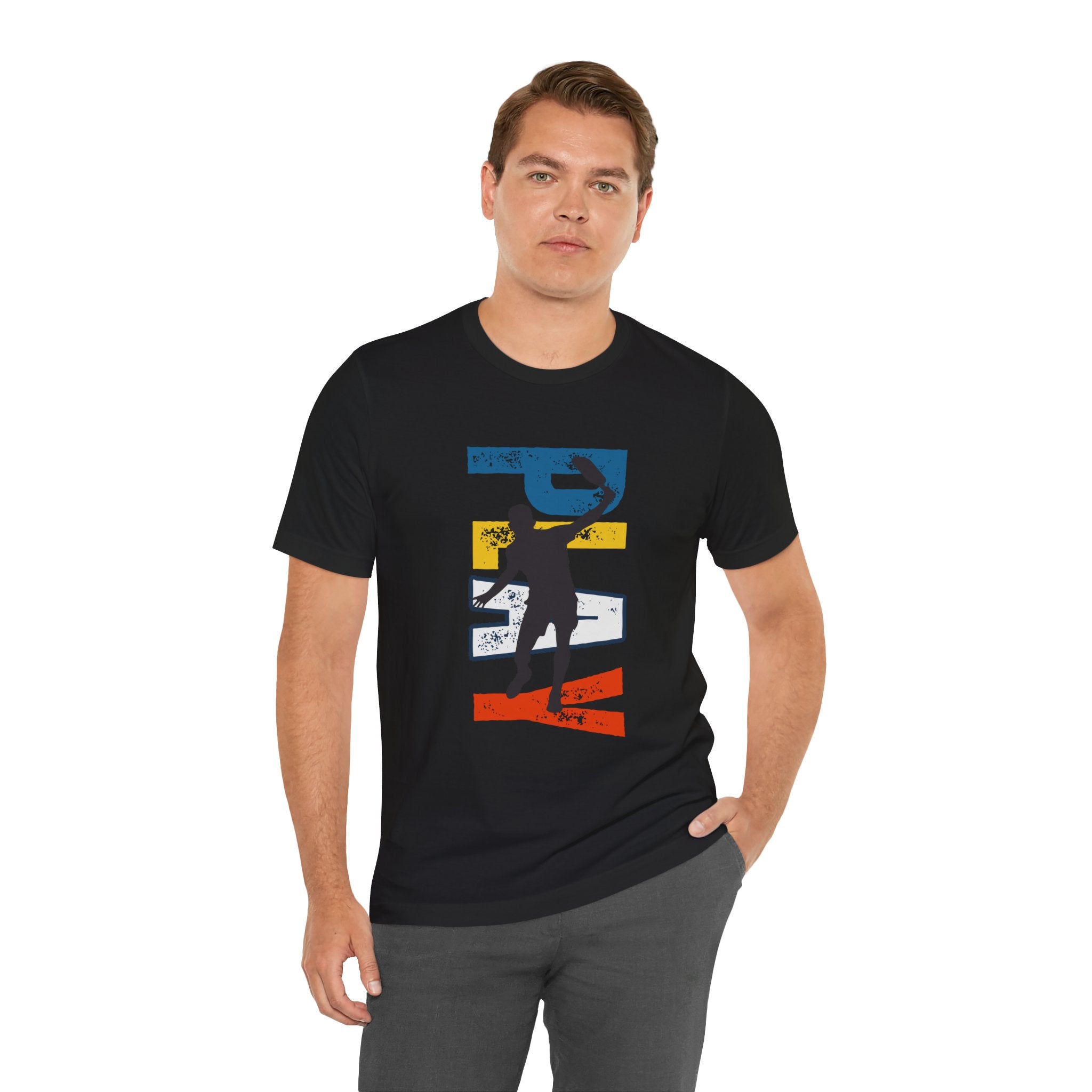 Men's Retro Pickleball Action T-Shirt with dynamic front silhouette and vertical "PICKLEBALL" text on the back, by Printify.