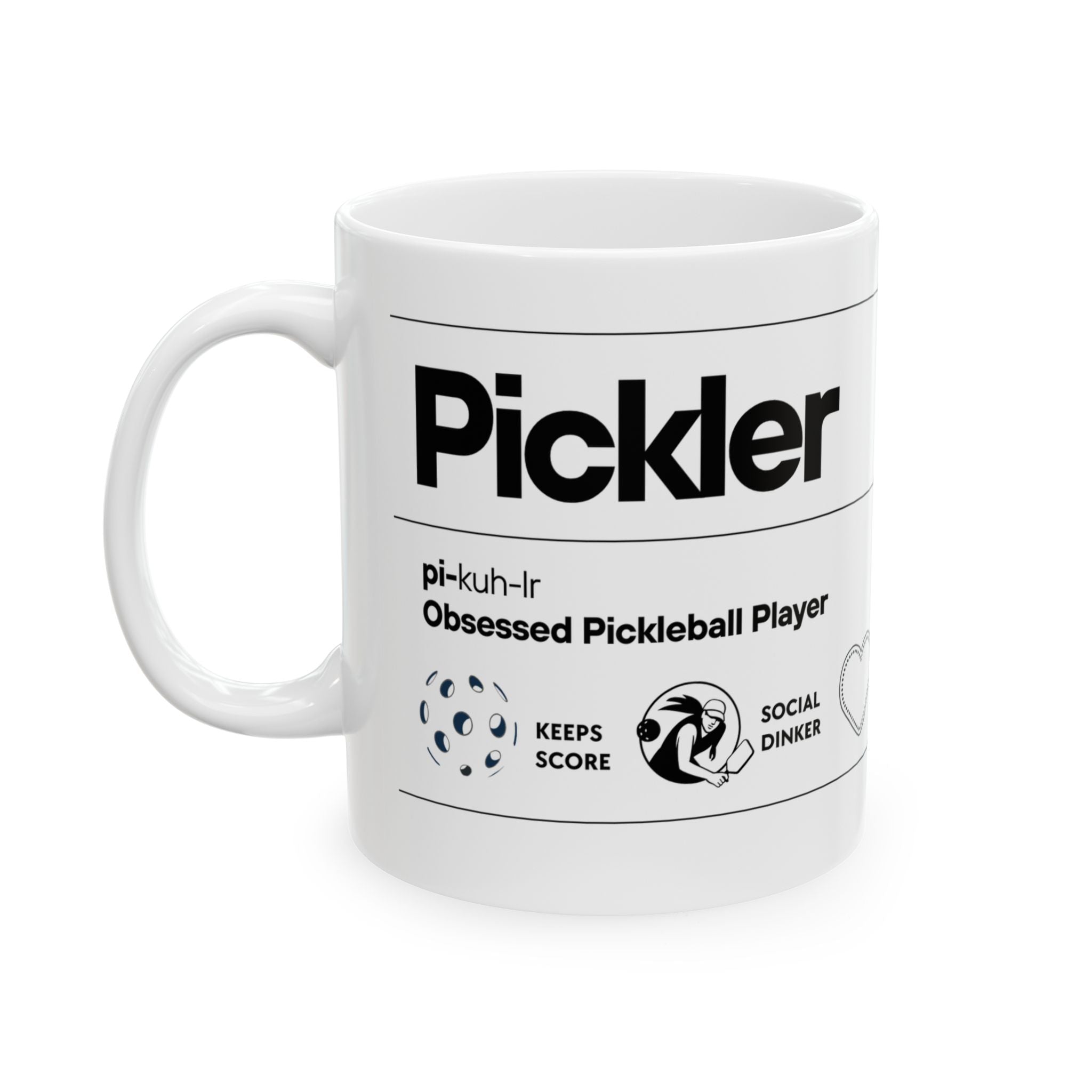 Funny Pickler Definition coffee mug featuring a pickleball theme, ceramic material, available in 11oz and 15oz sizes.