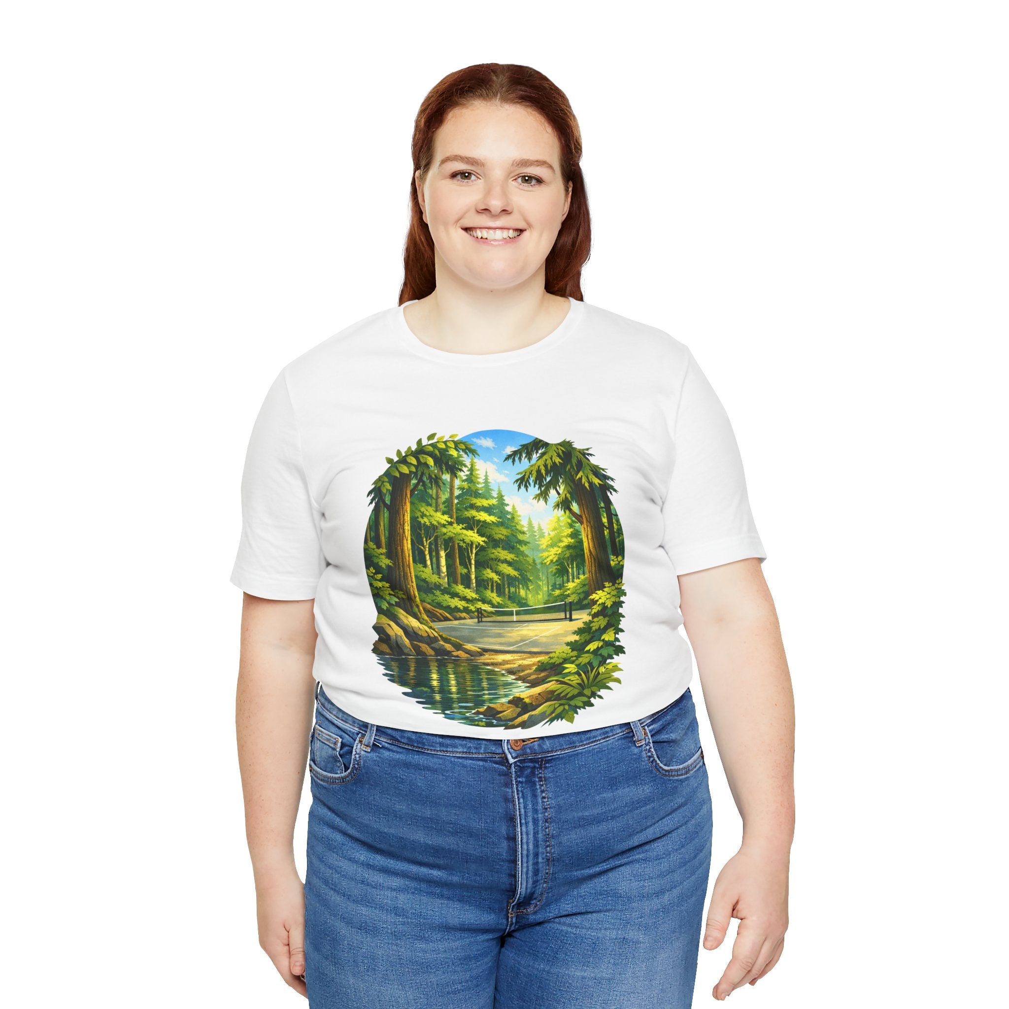 Unisex Hidden Forest Pickleball T-Shirt with Bainbridge Island tribute design, printed by Printify, casual and comfortable fit.
