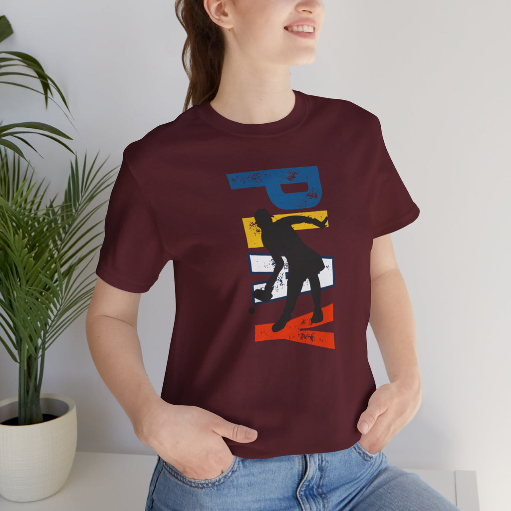 Women's retro-inspired pickleball T-shirt with vertical 'PICKLEBALL' back print, stylish and comfortable casual wear.