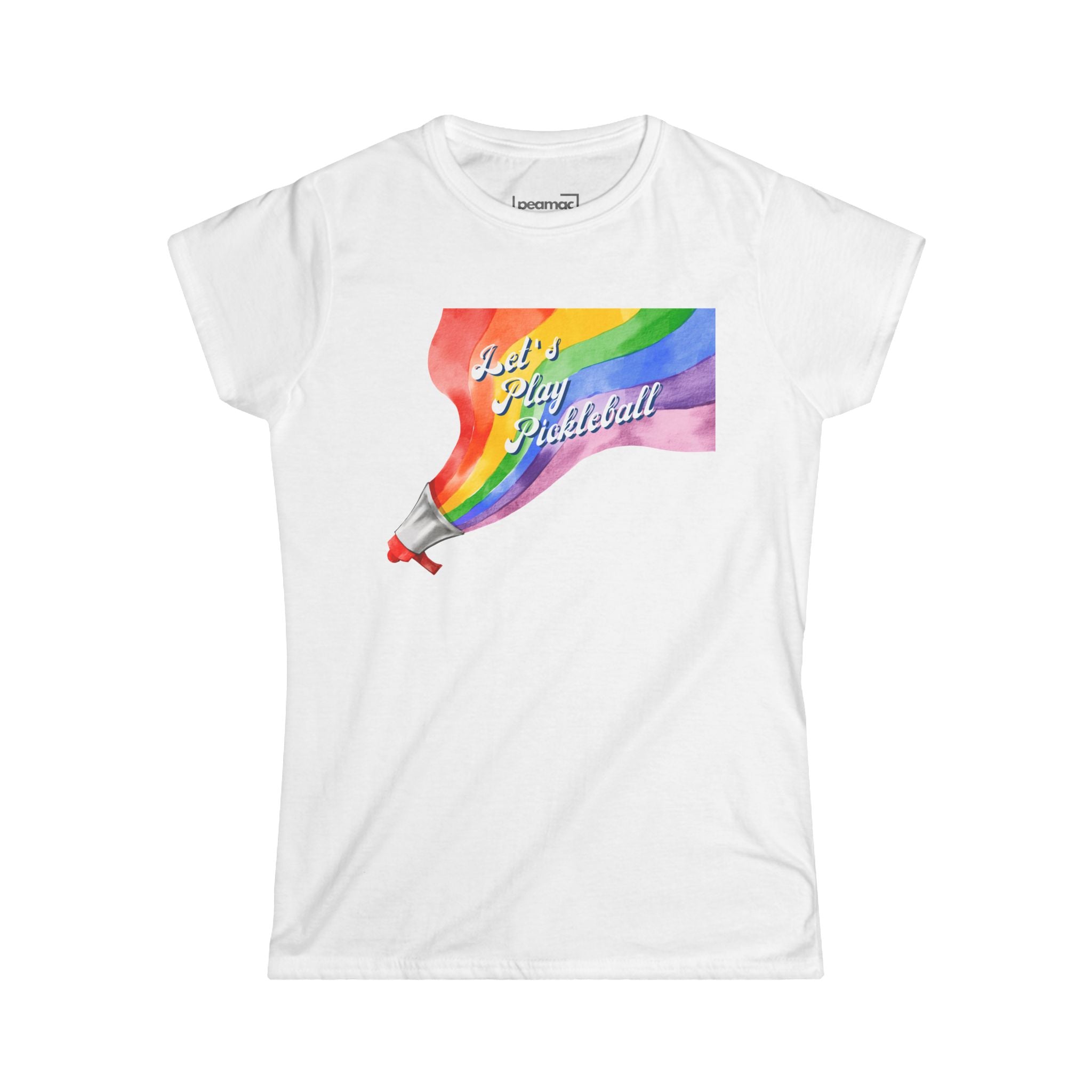 Women's Semi-fitted Shout It Out Proud – Let’s Play Pickleball T-Shirt | Rainbow Megaphone Design | LGBTQ2 Boutique