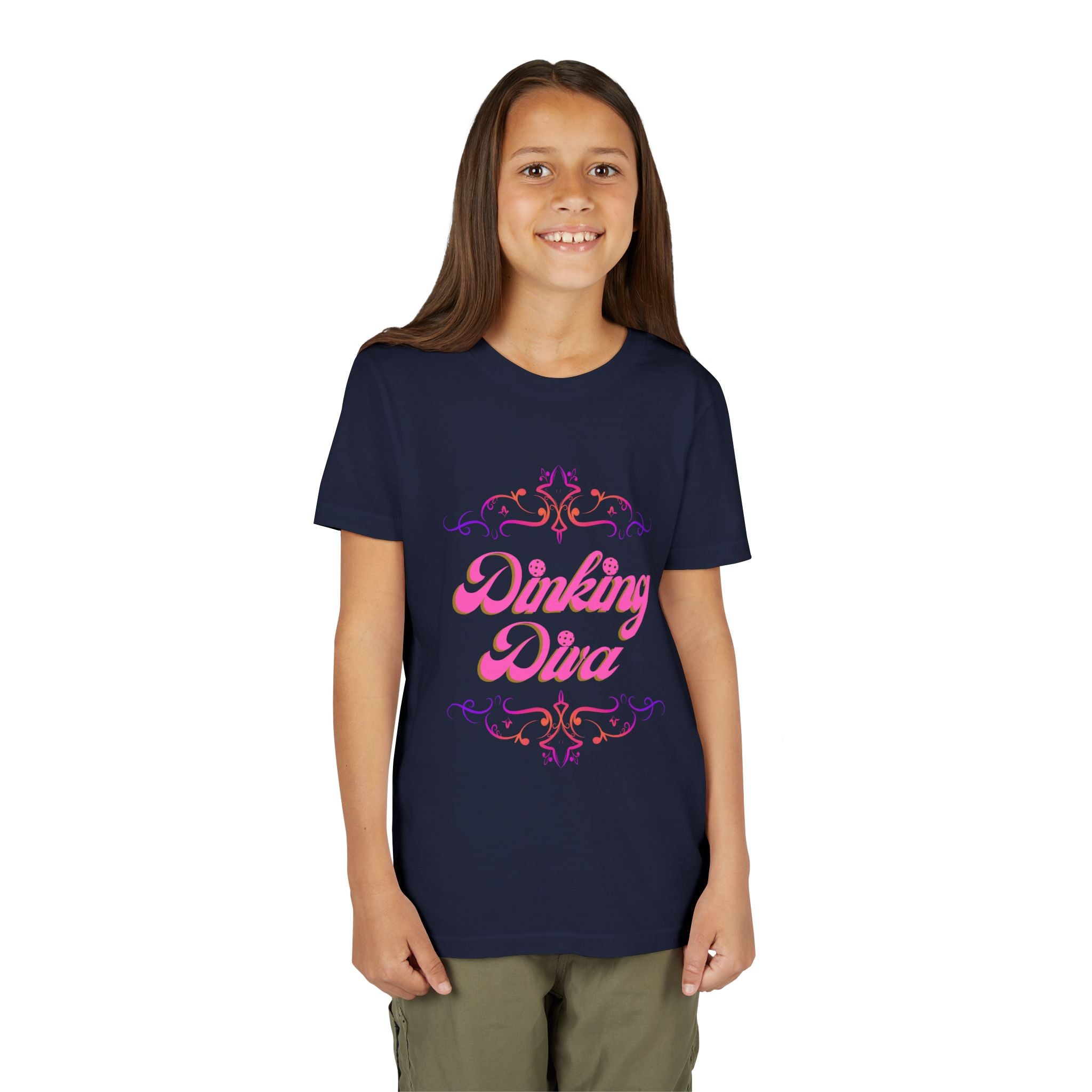 Pink Dinking Diva youth pickleball tee for kids, featuring a playful design, from Printify.