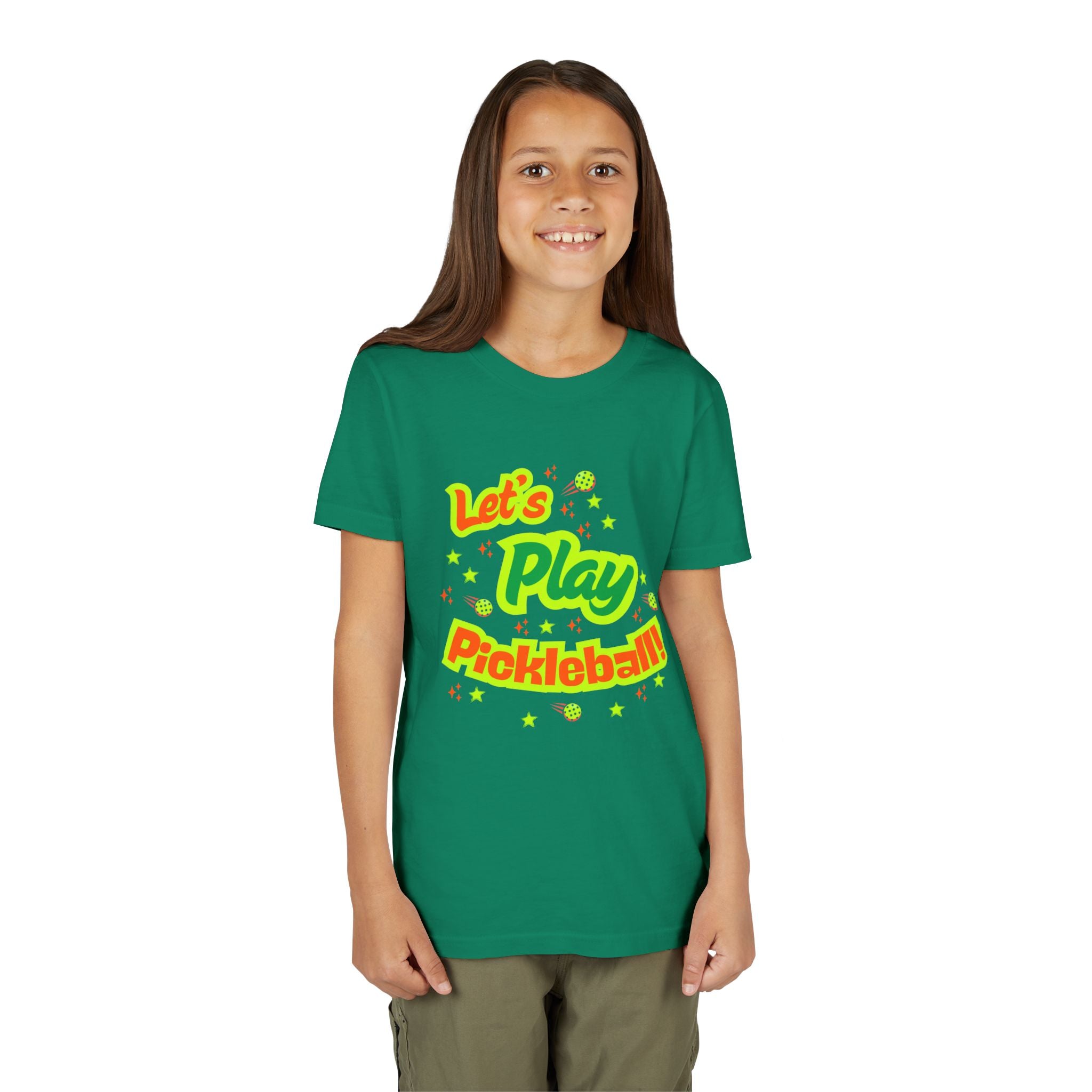Bright neon pickleball graphic youth tee for kids, featuring playful print on a colorful kids' pickleball shirt by Printify.