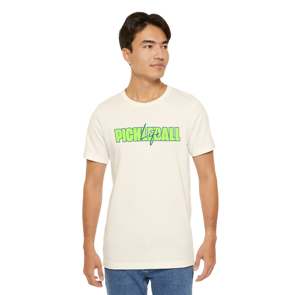 Unisex Pickleball Life T-shirt with bold green and blue graphic print, casual short-sleeve tee by Printify.
