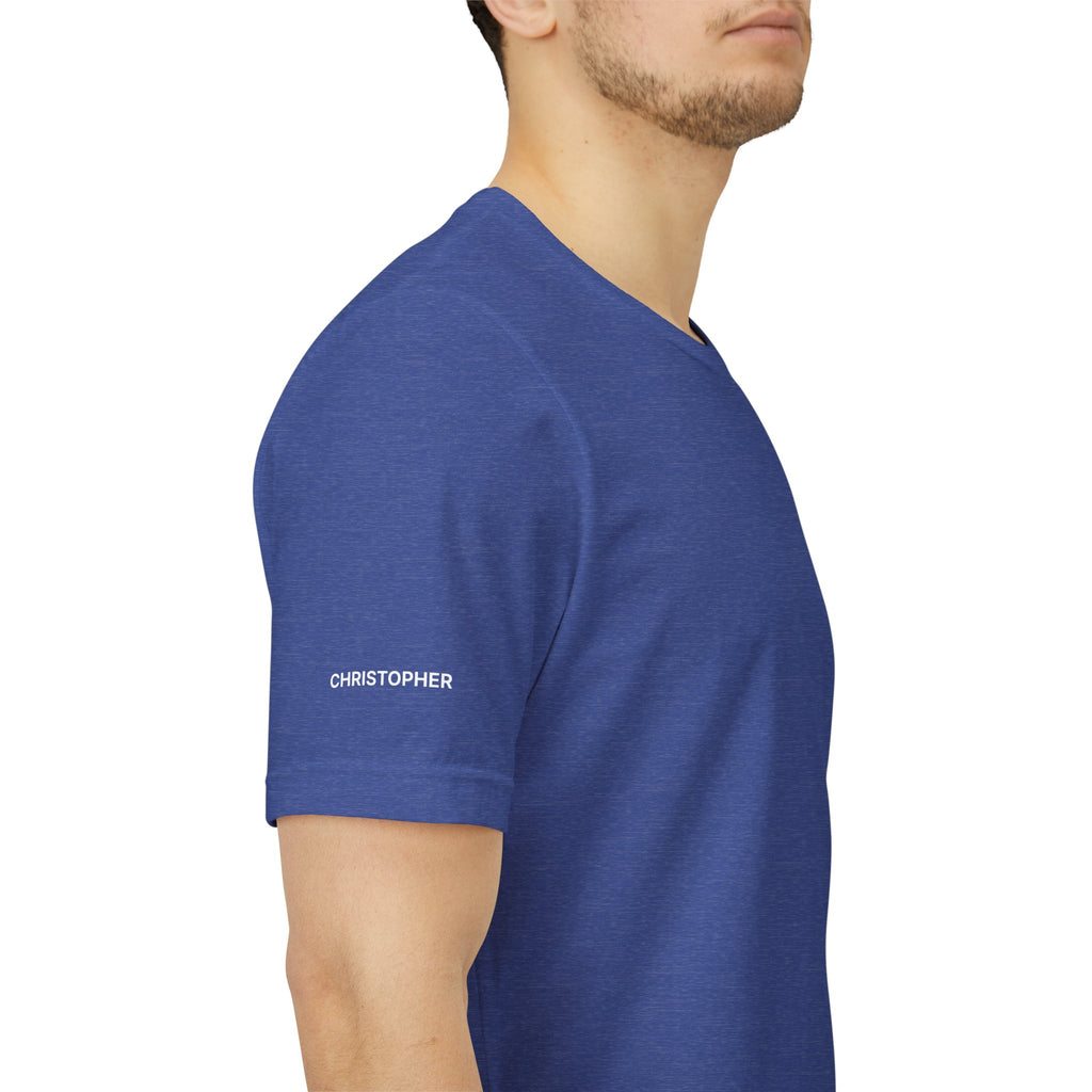 Personalized pickleball T-shirt by Printify with custom name on sleeve and club logo on center back, featuring a sporty design.