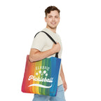 Colorful Pickleball Classic Rainbow Tote Bag with crossed paddles script design, durable bag for sports and everyday use.