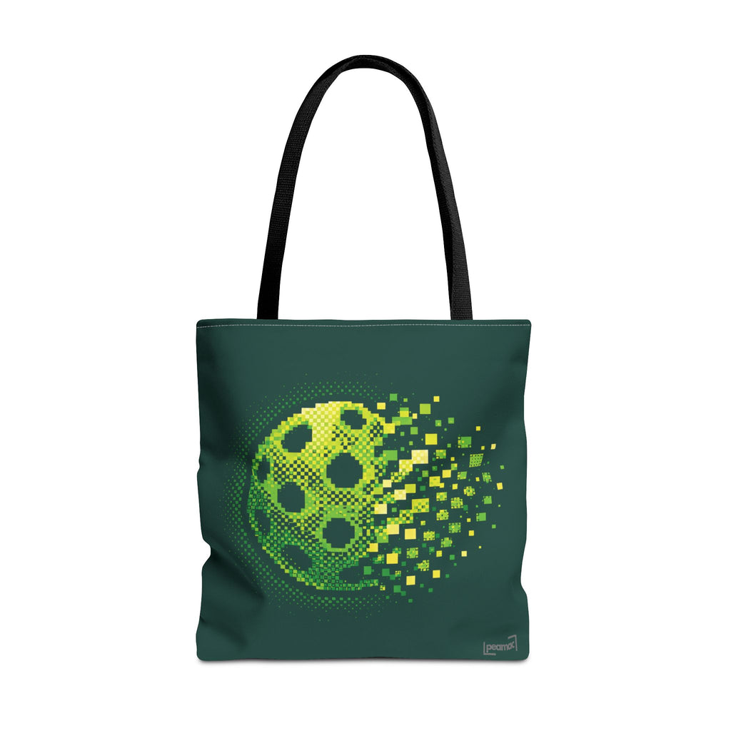Green Pixelated Pickleball Tote Bag with digital smash design, 18x18 inches, made by Printify for carrying sports gear and accessories.