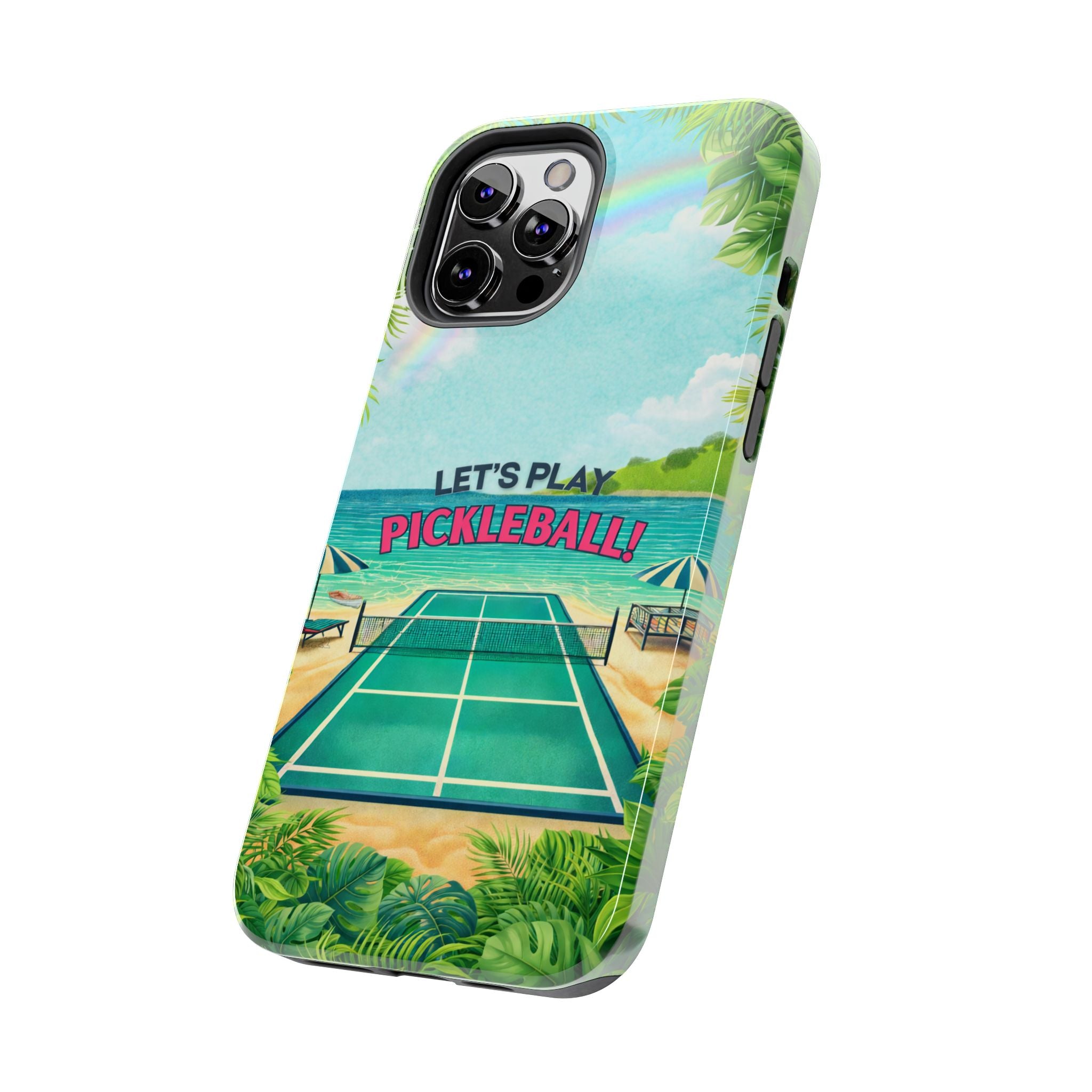 Tropical Tough Pickleball phone case by Printify featuring a beach court design, protective for smartphone devices.