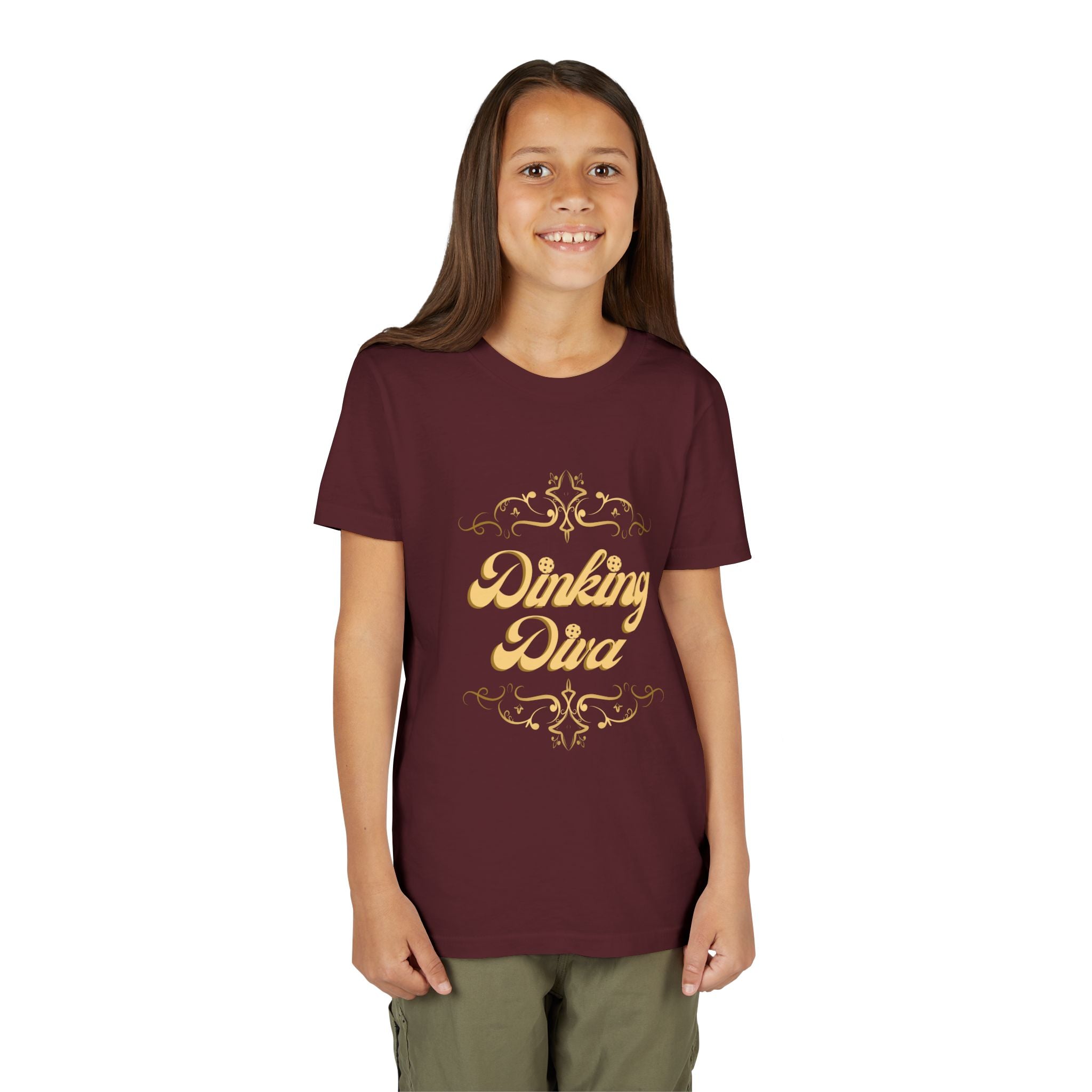 Youth Dinking Diva T-shirt by Printify featuring a gold filigree pickleball graphic on kids' casual tee.