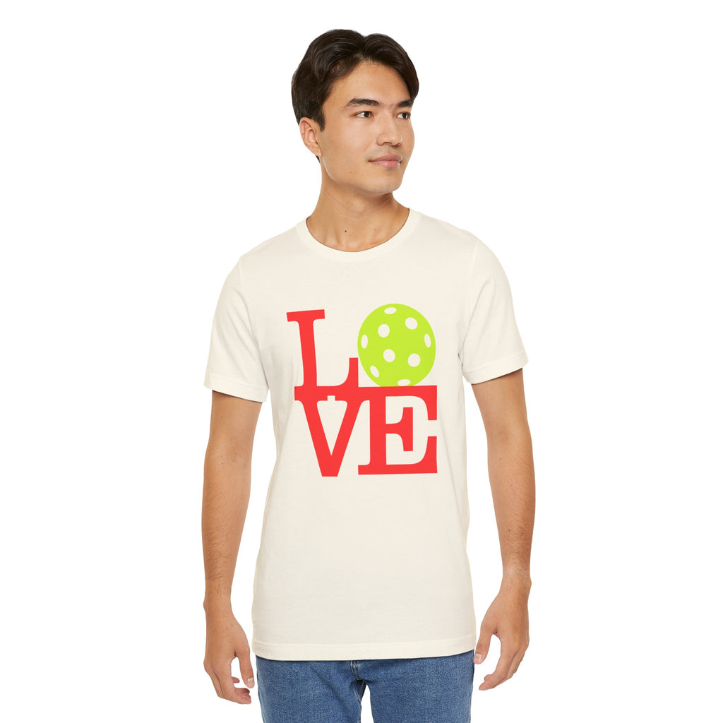 Neon pop art Pickleball LOVE T-shirt by Printify featuring bold colors and a stylish design on a premium cotton tee.