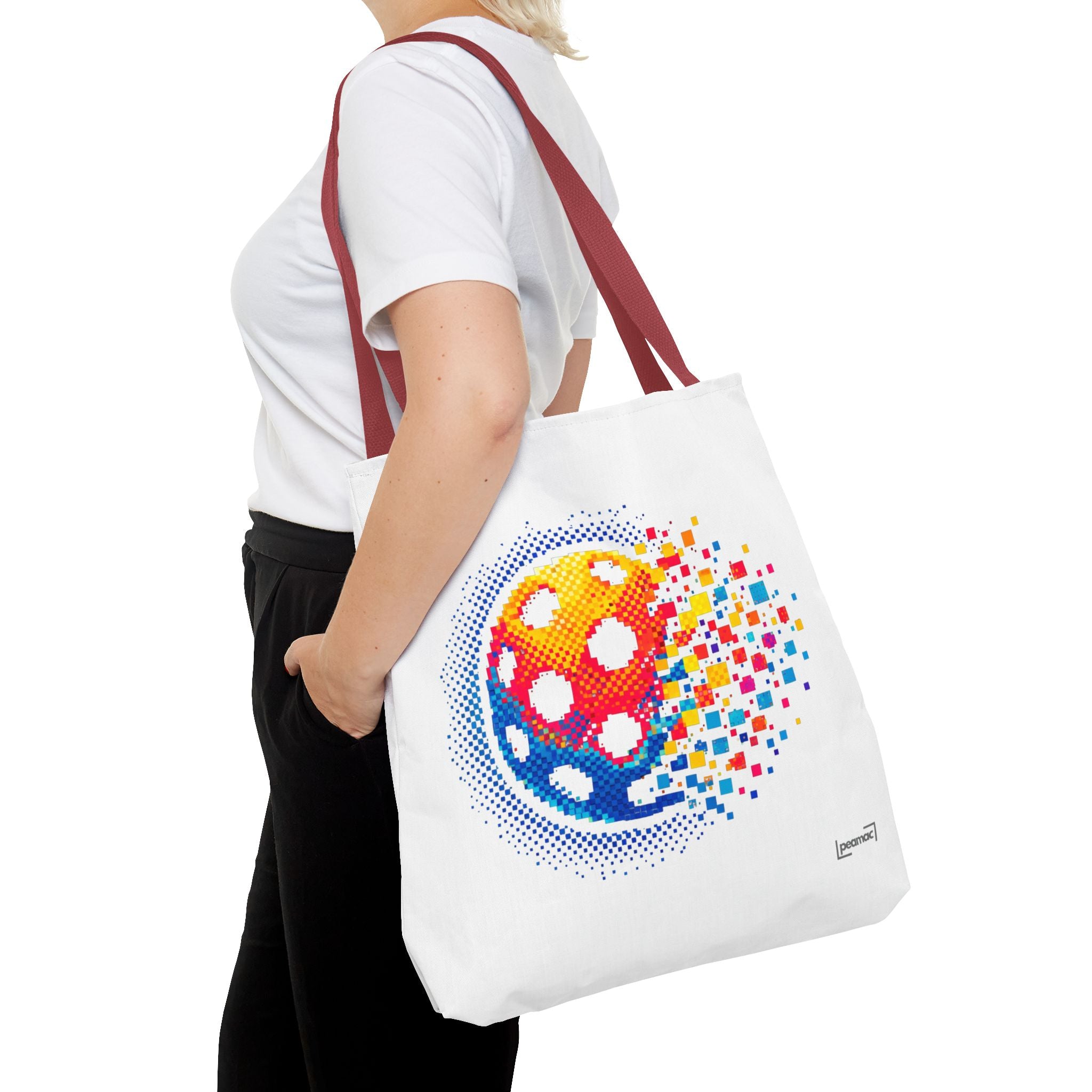 Large tote bag featuring a retro digital pickleball design by Printify, perfect for carrying pickleball gear and accessories.
