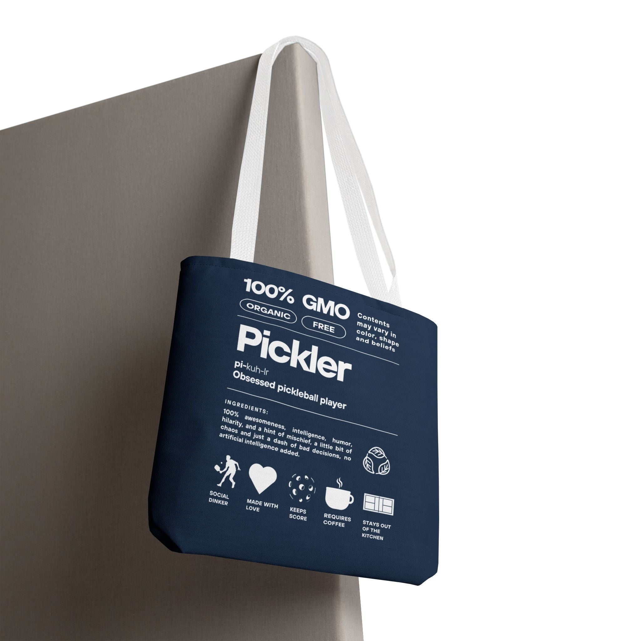 Printify Pickler Tote Bag featuring a humorous male pickleball figure, made from 100% GMO-Free materials, casual and fun accessory.