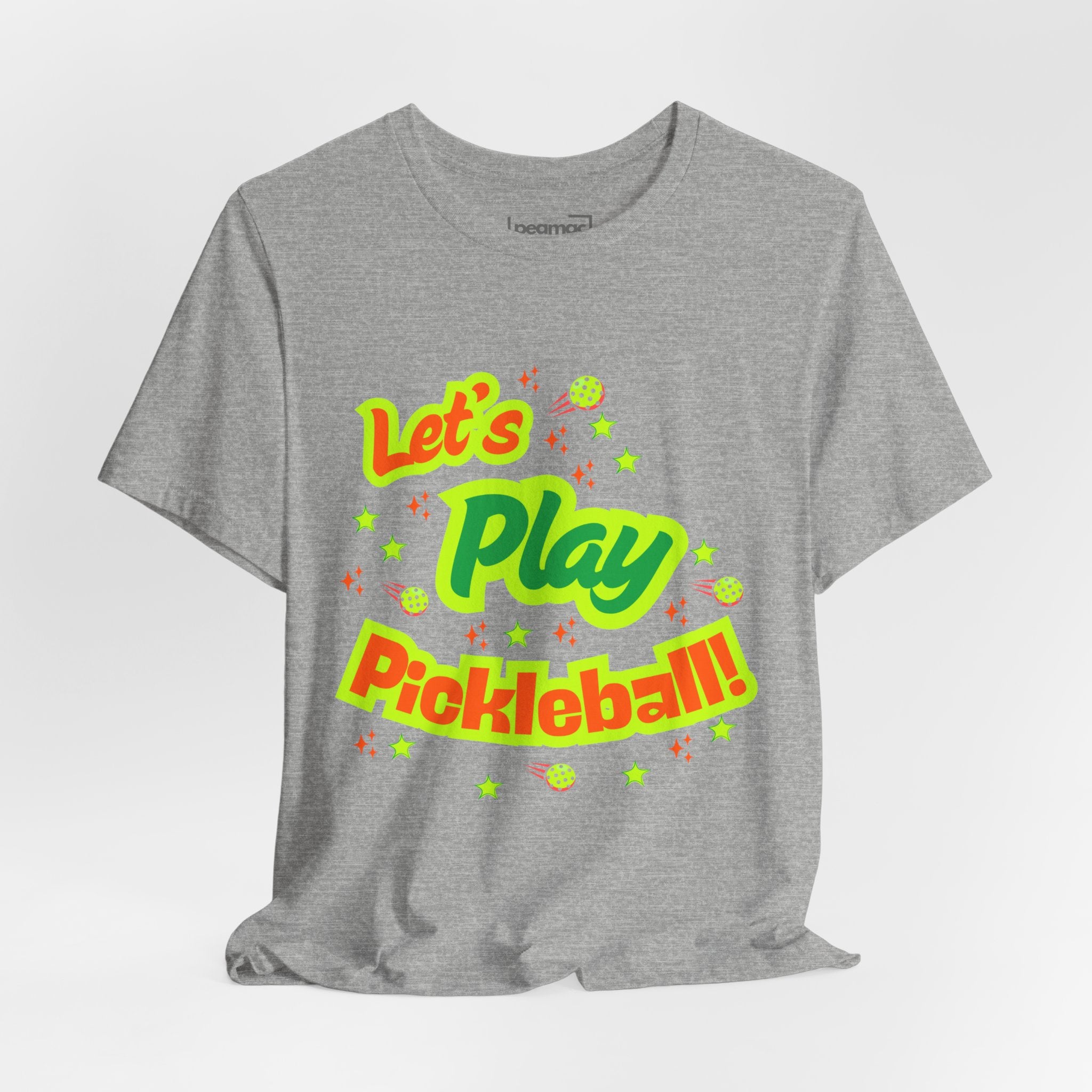 Bright neon orange and electric green pickleball rally graphic T-shirt by Printify, casual short-sleeve court-themed tee.