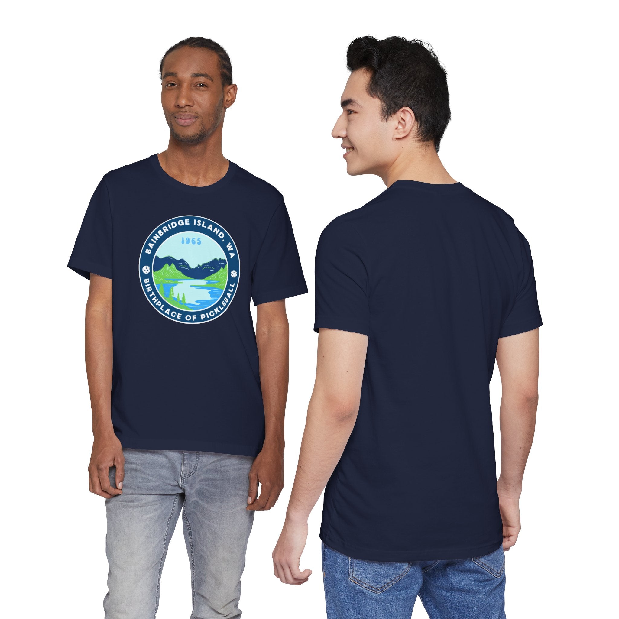 Unisex Bainbridge Island Pickleball T-Shirt with "Birthplace of Pickleball 1965" graphic, casual cotton tee by Printify.