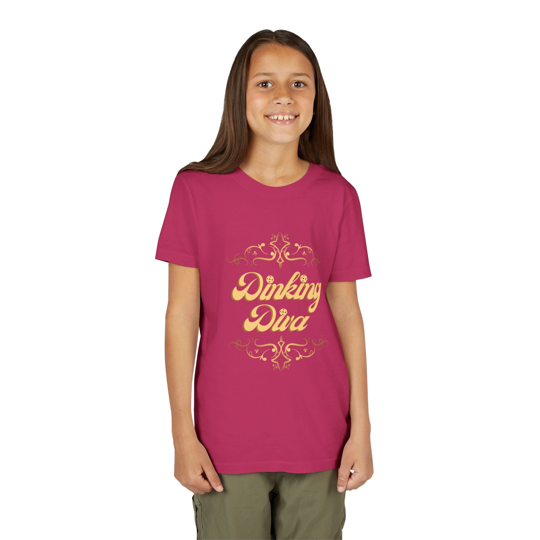 Youth Dinking Diva T-shirt featuring gold filigree pickleball graphic, kids' casual tee by Printify, shown in the image.