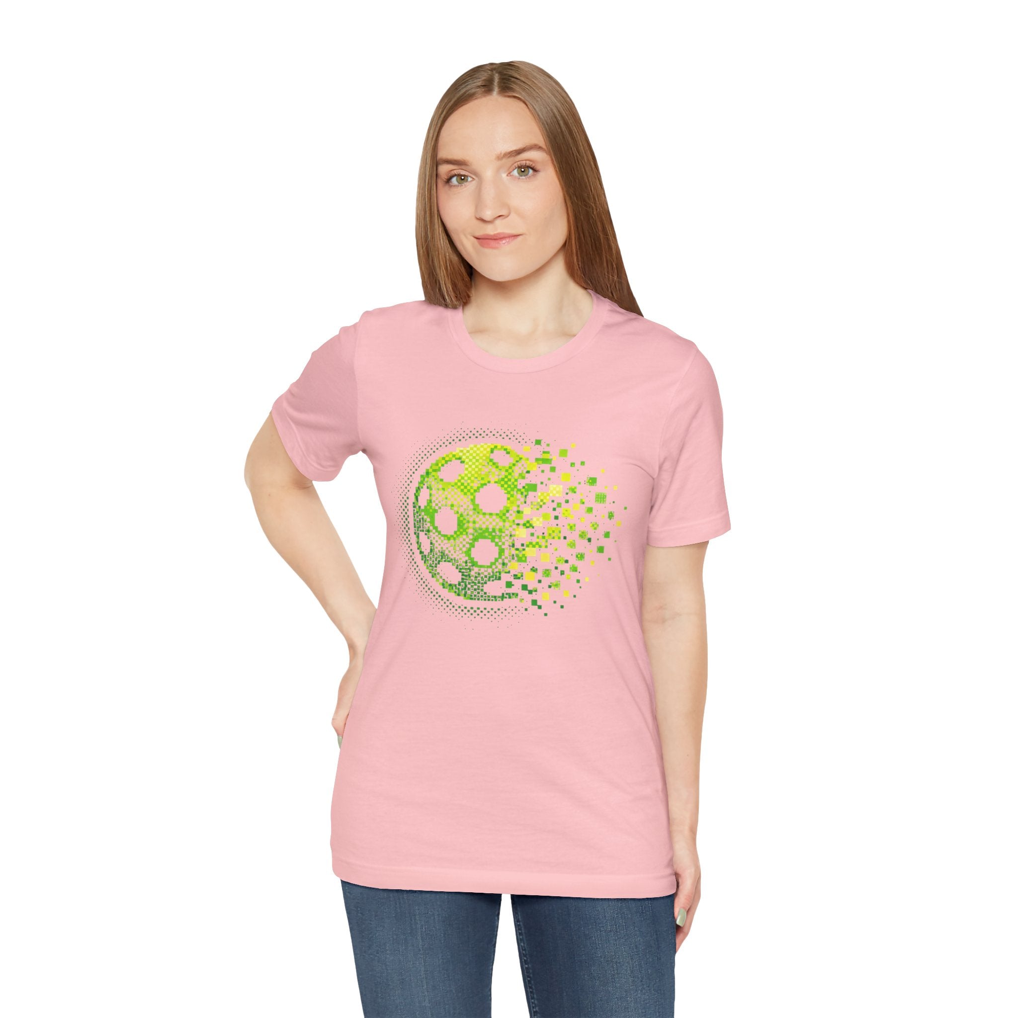 Green Pixelated Pickleball Tee with retro court graphic, casual T-shirt by Printify featuring colorful pickleball design.