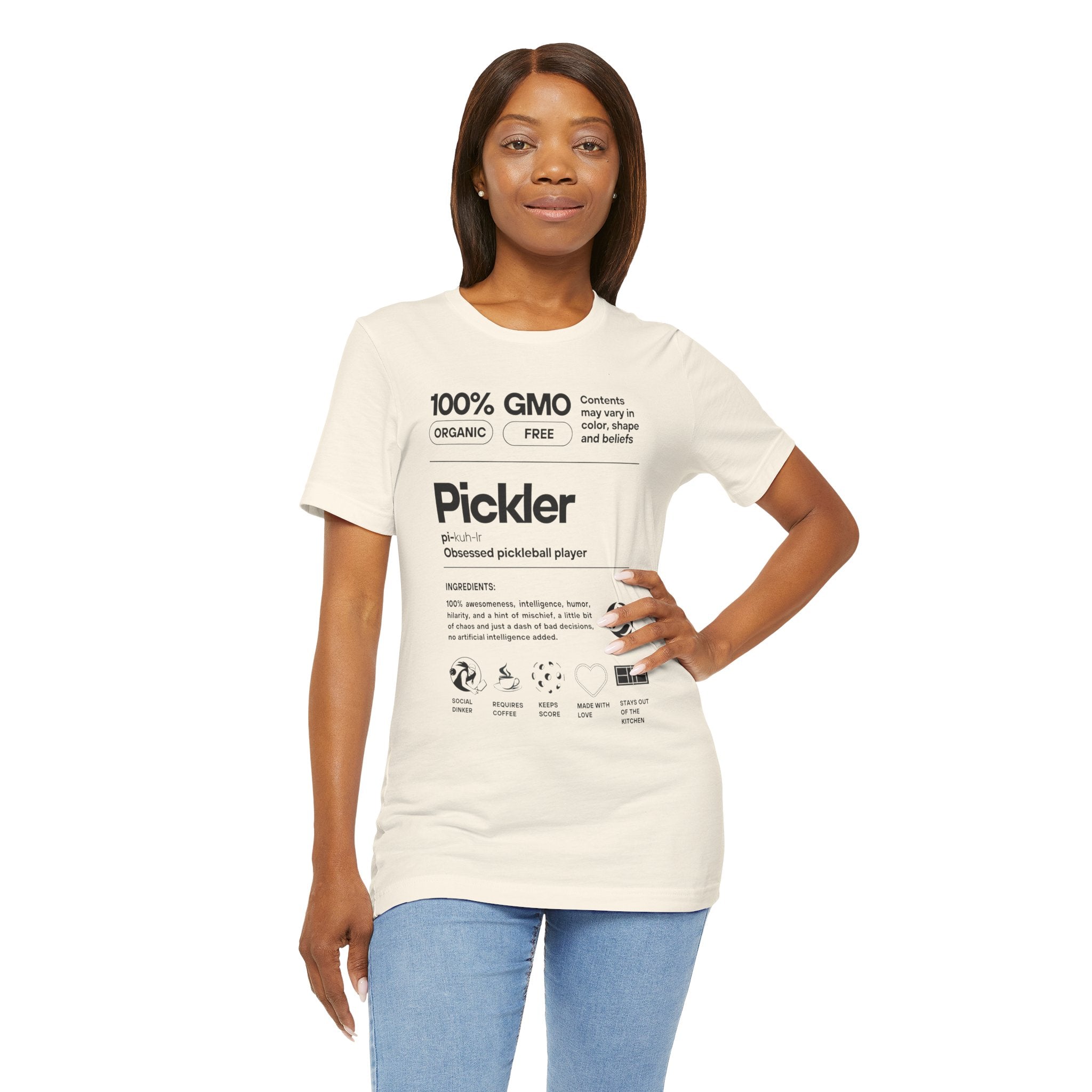 Women's Pickleball T-Shirt by Printify featuring humorous pickleball definitions on black lightweight activewear.