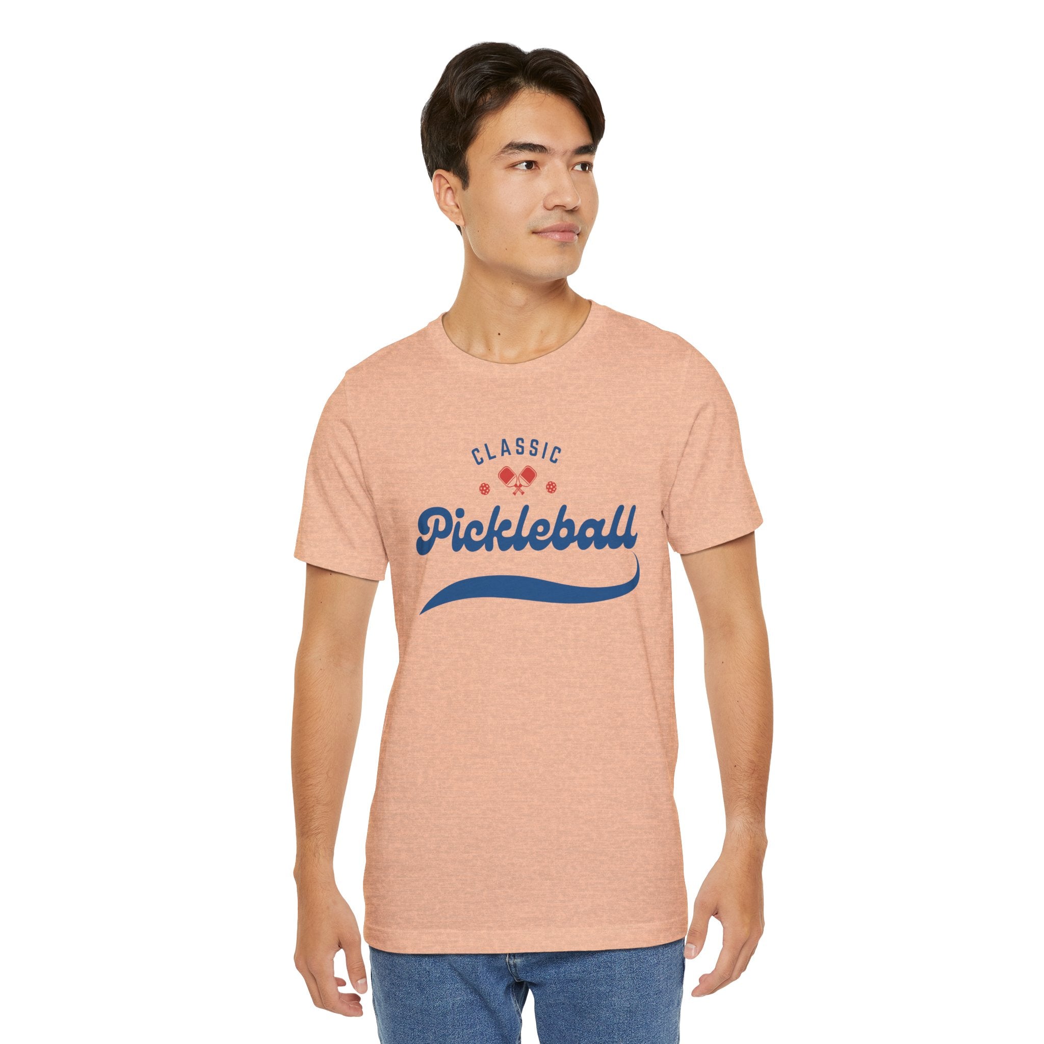 Red and blue pickleball paddle and ball graphic on a classic script tee shirt by Printify, casual sportswear for pickleball fans.