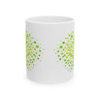 Green Matrix Burst Pickleball ceramic mug with retro exploding pickleball design, available in 11oz and 15oz sizes.