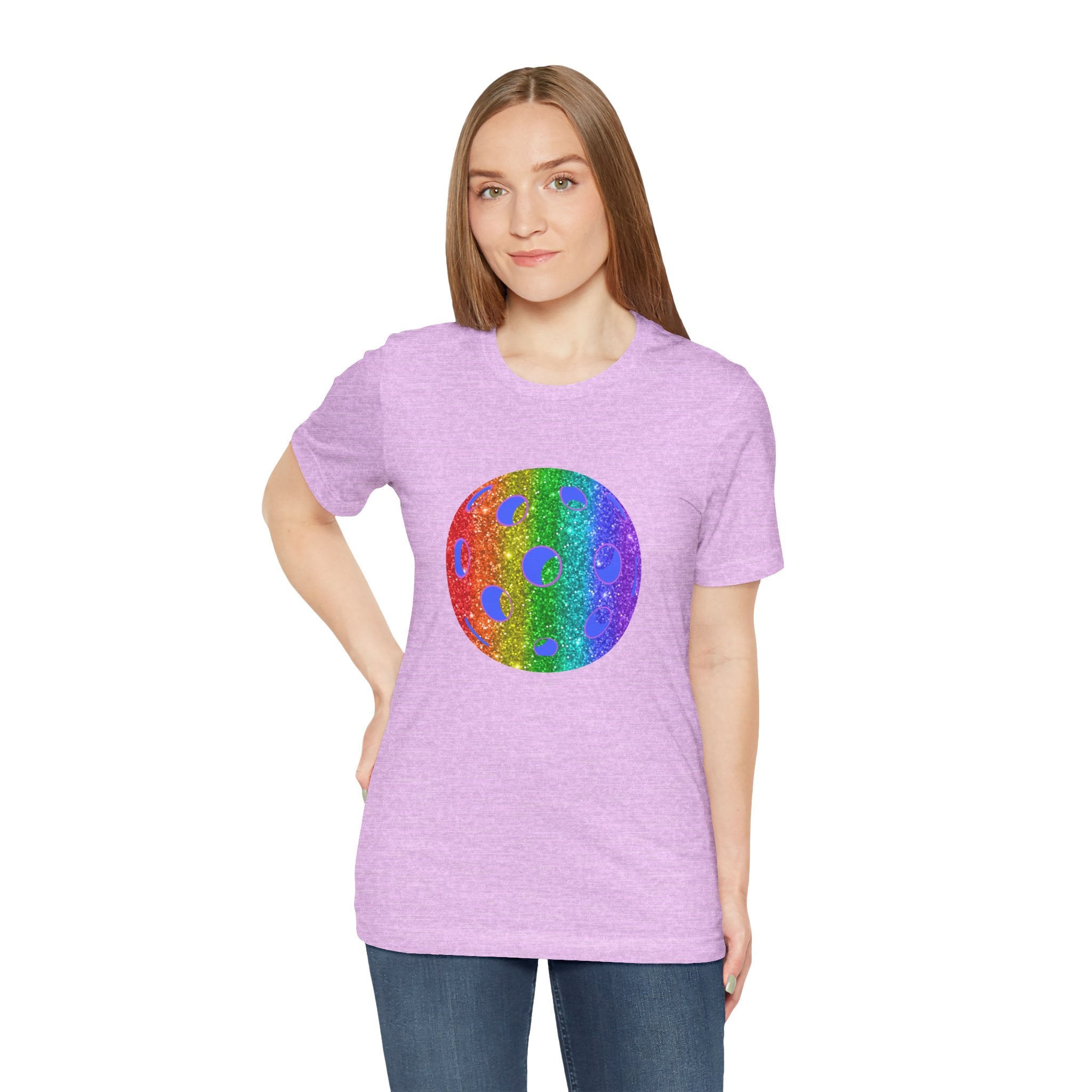 Rainbow glitter pickleball pride T-shirt featuring colorful design and bold "Loud and Proud" message, by Printify.