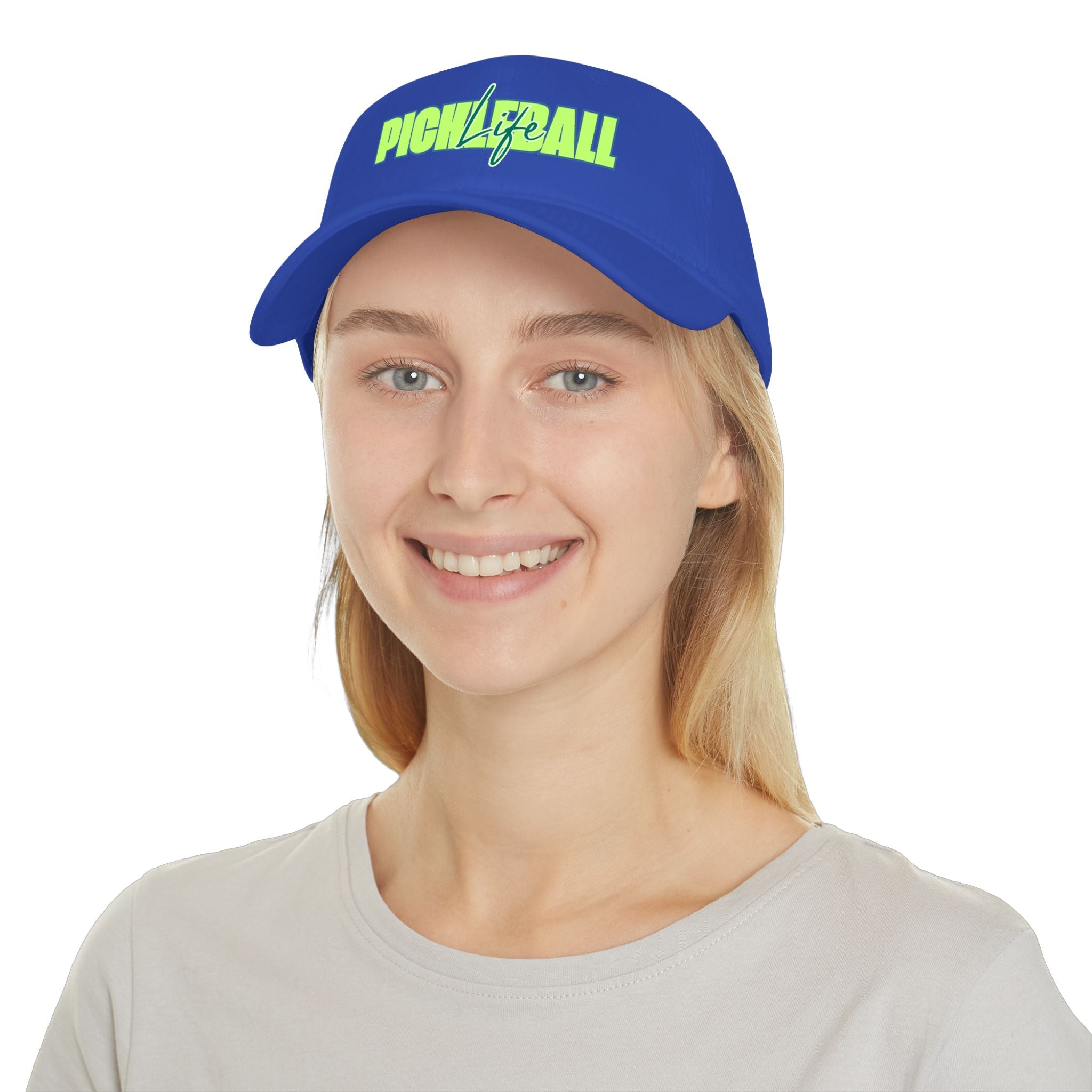 Green and blue script pickleball life low profile baseball cap with adjustable strap, stylish hat for pickleball enthusiasts.
