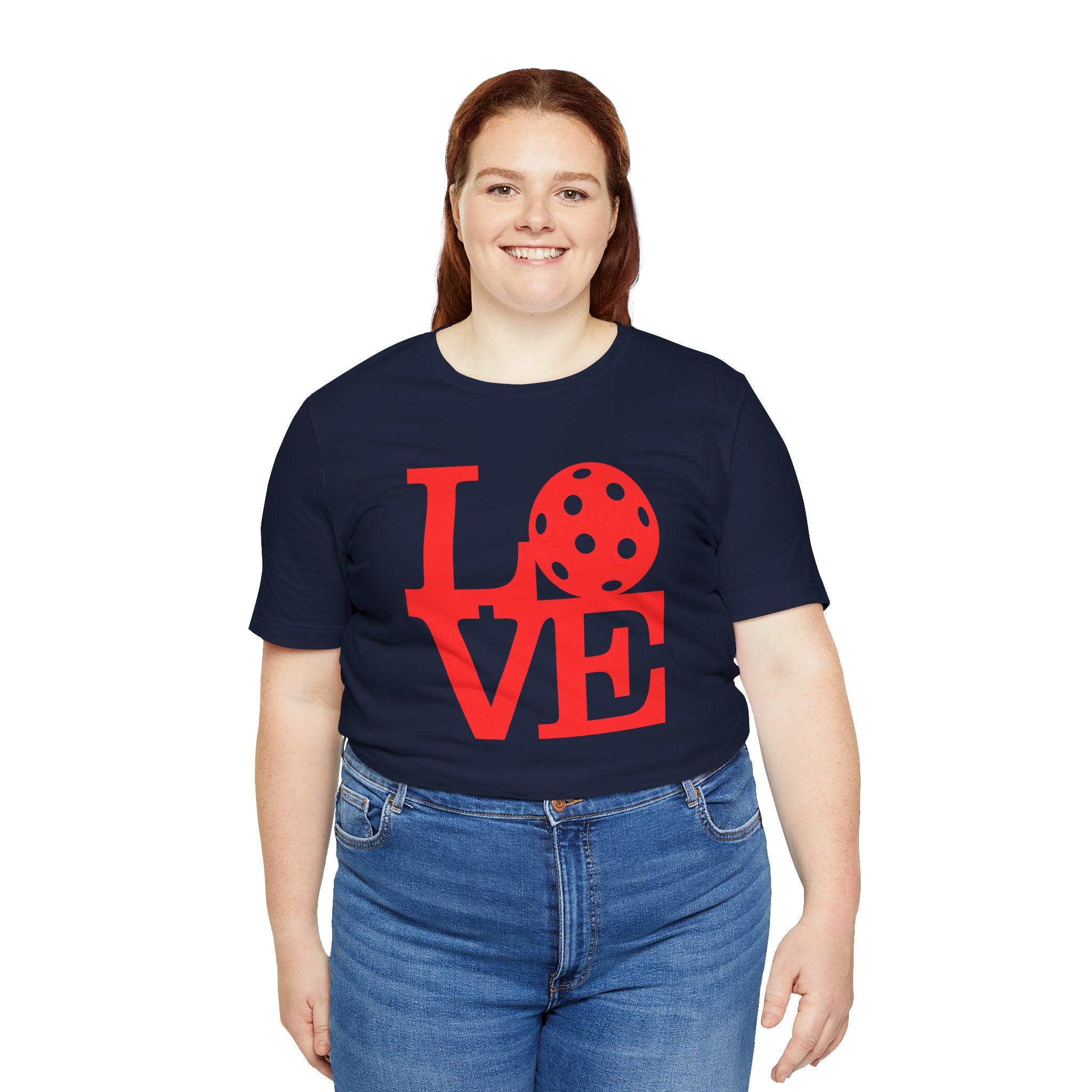 Red love pickleball graphic T-shirt by Printify featuring bold pop art design, casual short-sleeve shirt for activewear or everyday wear.