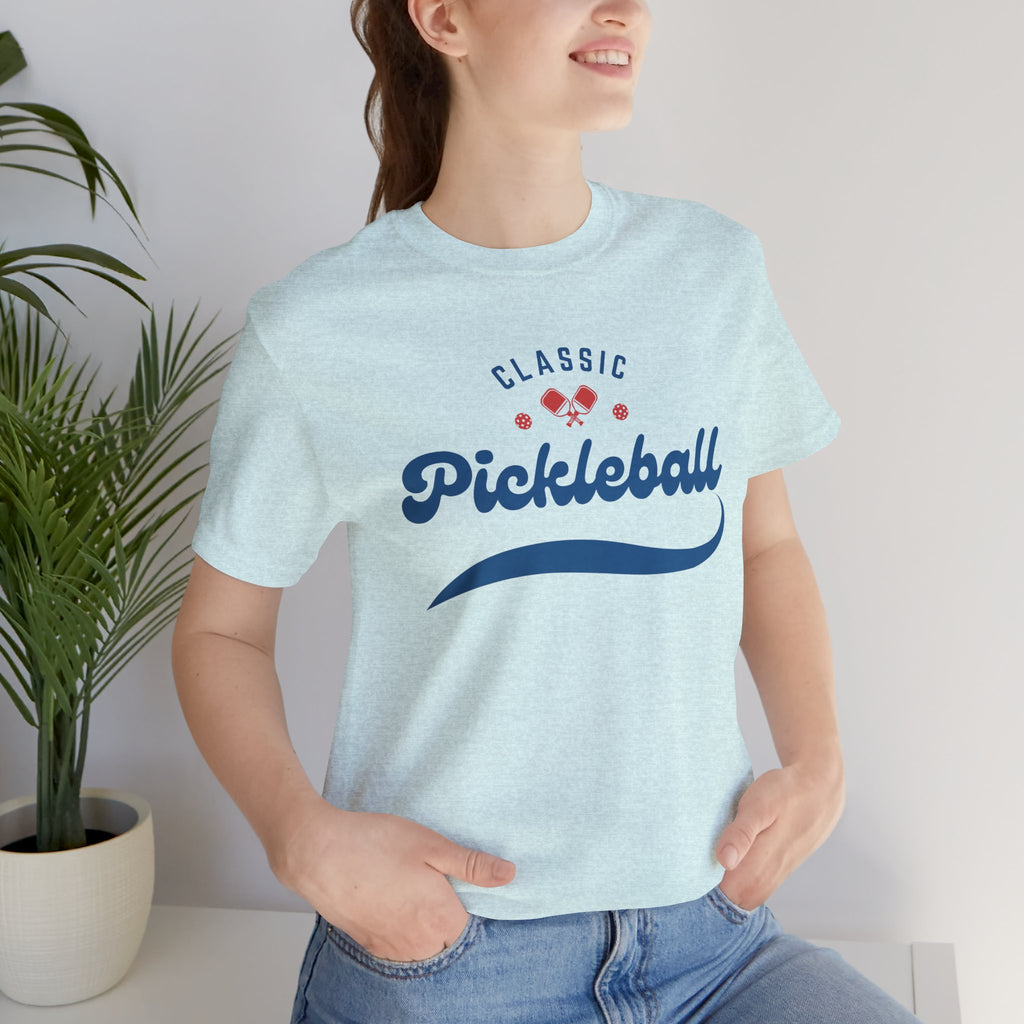 Red and blue pickleball script tee featuring paddle and ball design, casual t-shirt by Printify.