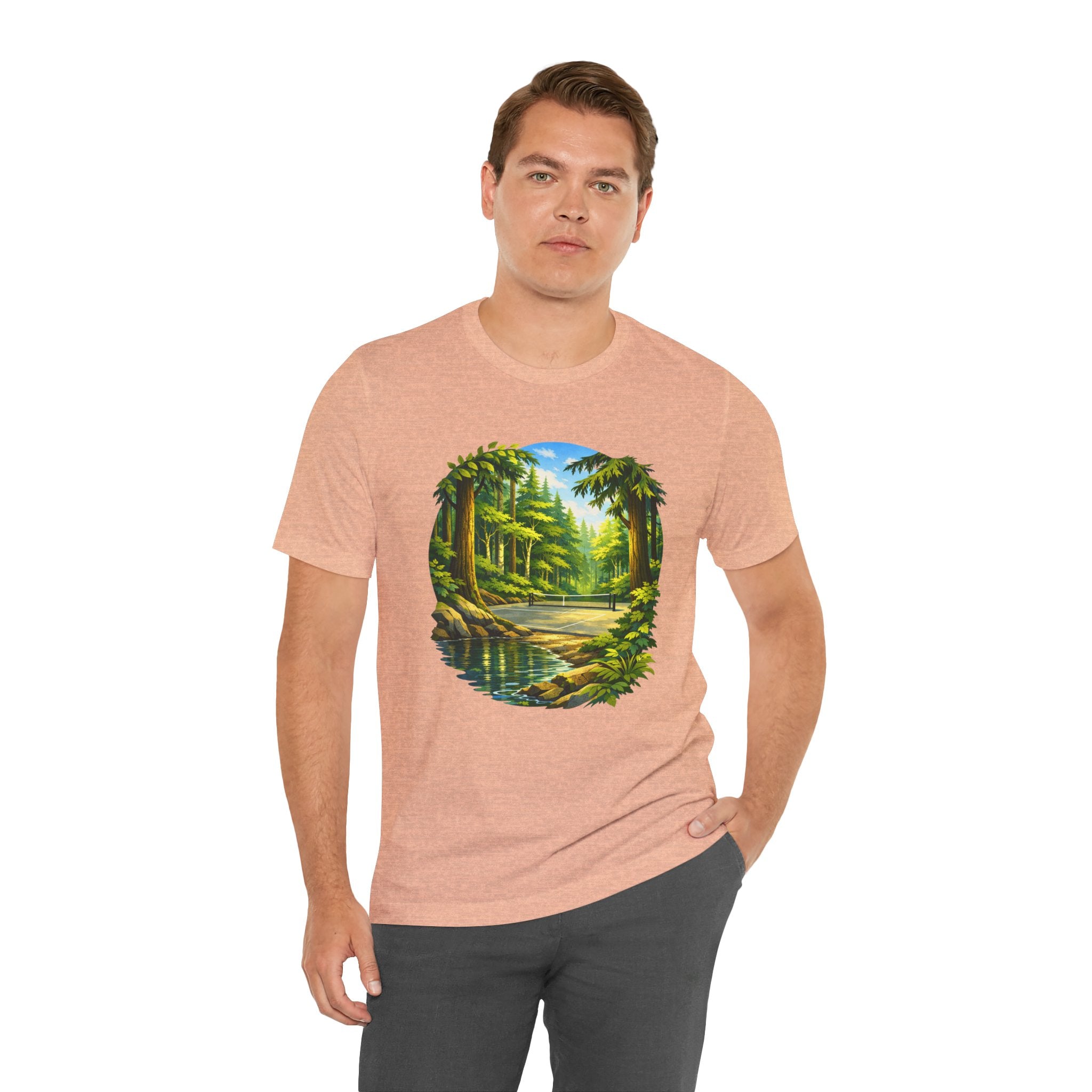 Unisex Hidden Forest Pickleball T-Shirt featuring Bainbridge Island tribute design, made by Printify, displayed on a mannequin.