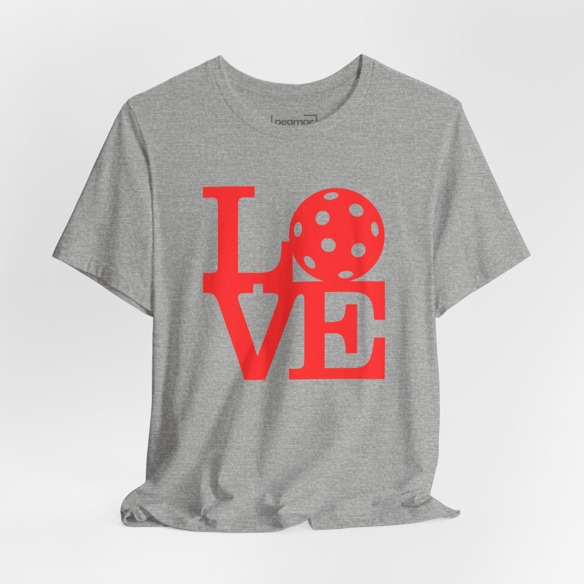 Red LOVE Pickleball graphic T-shirt by Printify featuring bold pop art design on a casual cotton tee.