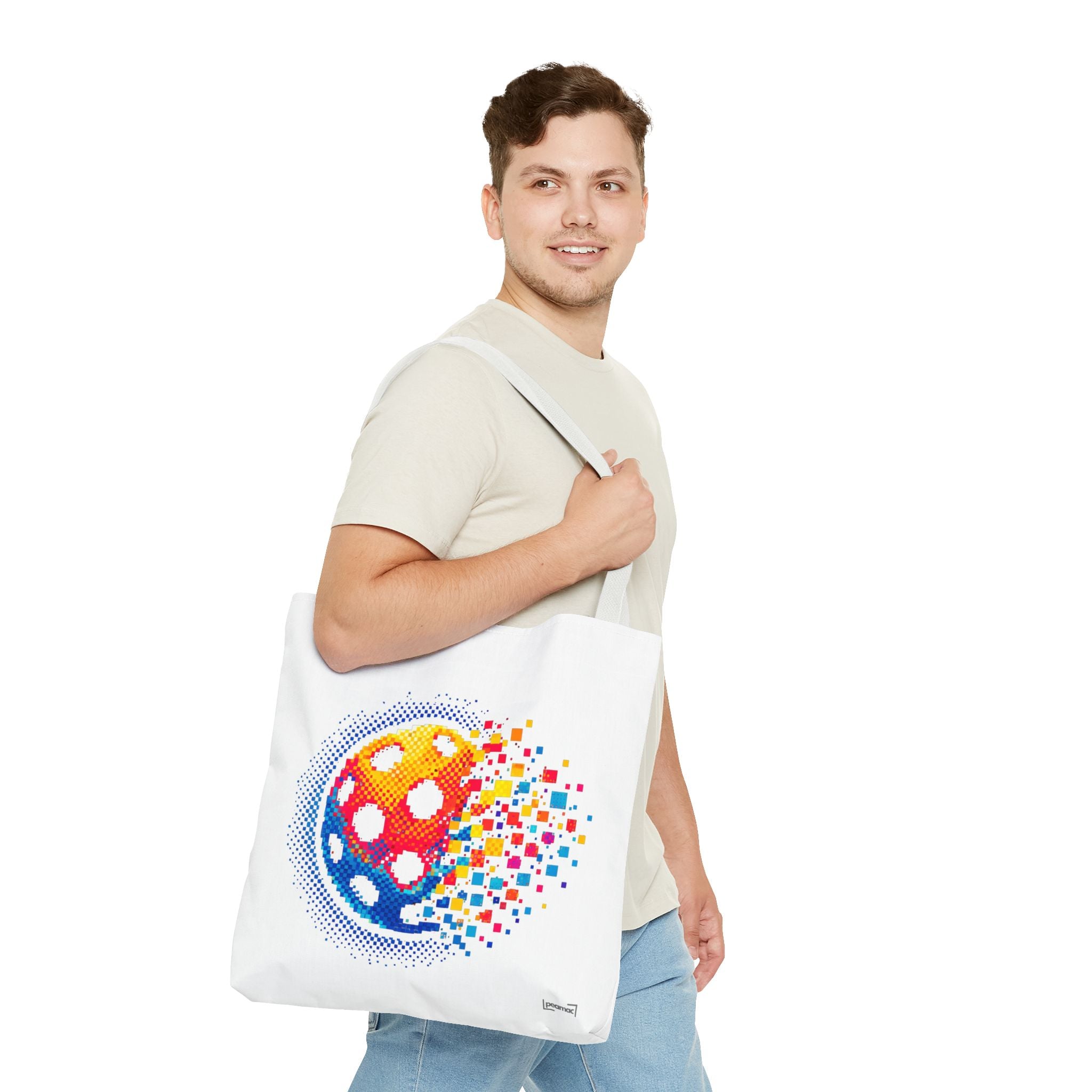 Large tote bag featuring a retro digital pickleball design, ideal for carrying pickleball gear and accessories.
