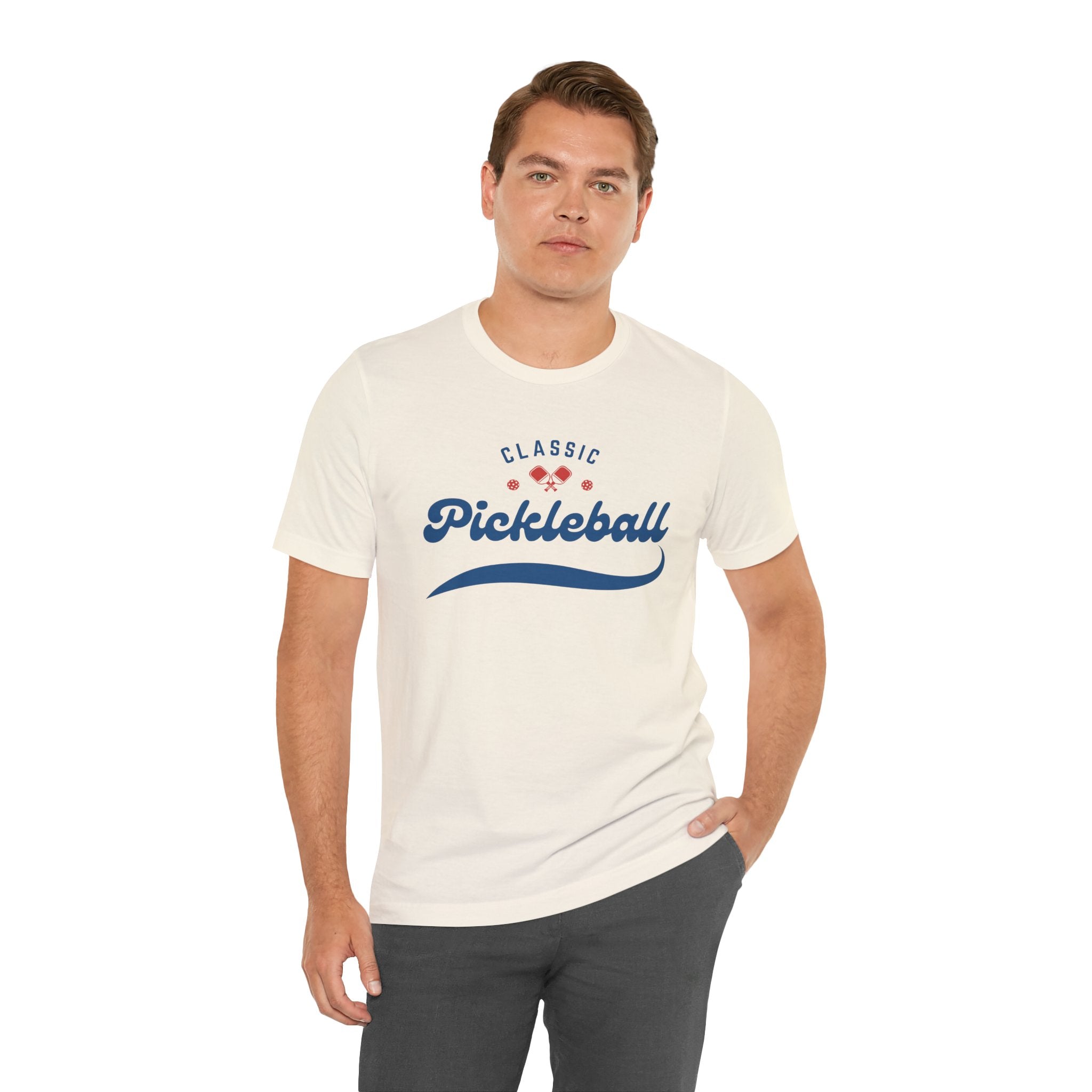 Red and blue pickleball script T-shirt with paddle and ball graphic, casual printify branded apparel for pickleball enthusiasts
