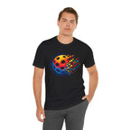 Matrix Burst Pickleball T-Shirt with retro court graphic, casual fit, printed by Printify, featuring bold colorful pickleball design.